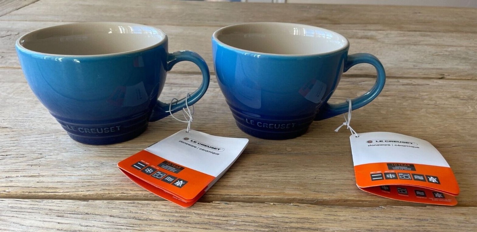 Le Creuset Stoneware Set of 2 Giant Cappuccino Bistro Mug 14 oz Azure Blue NEW