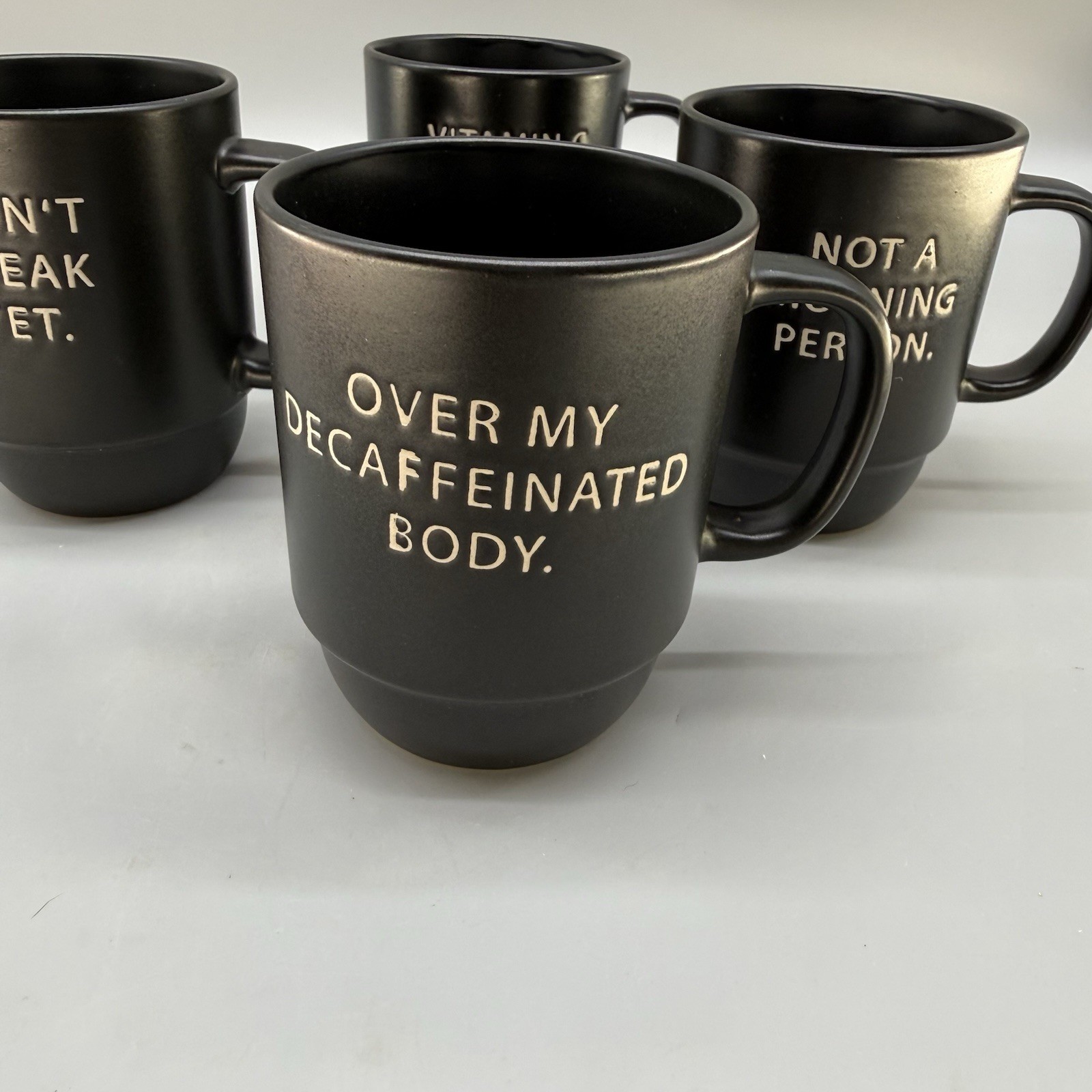 4 Boston Warehouse Black Coffee Mugs Snarky Funny Sayings Stackable Ceramic Cups