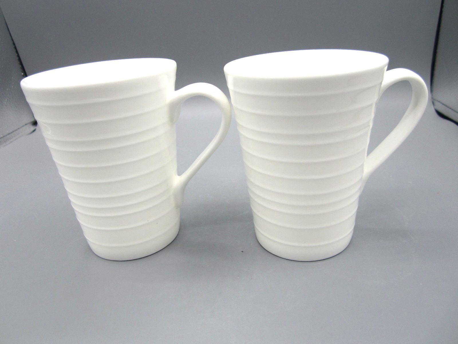 Pair of 2 Mikasa Swirl, White Fine Bone Ribbed China Tea Coffee Mug 13 oz (P481)