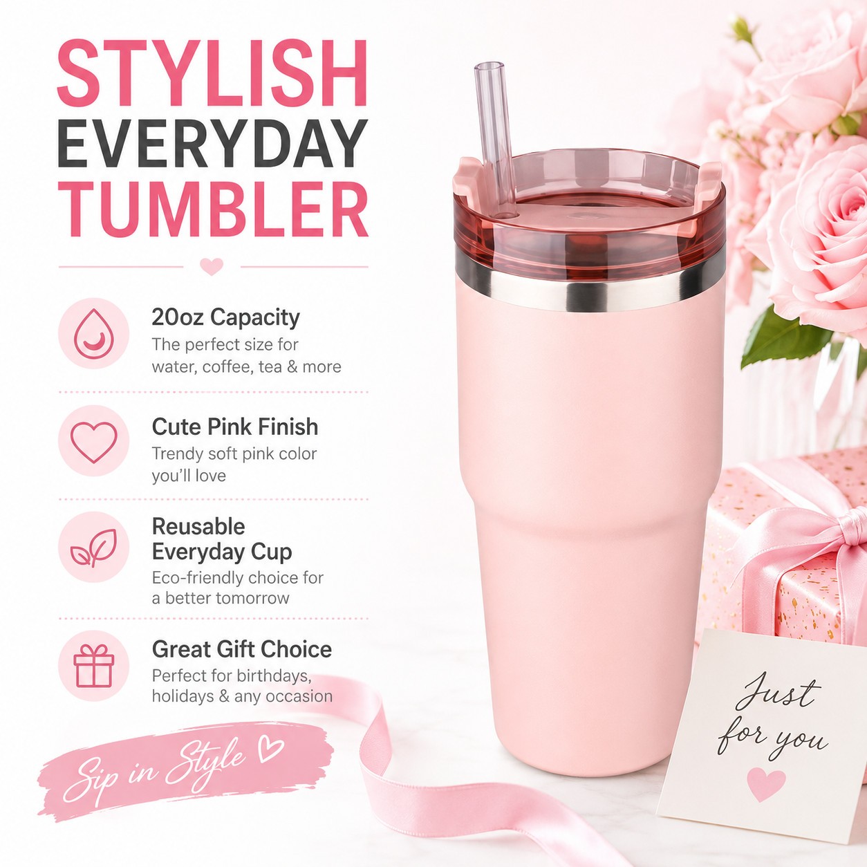 20oz Pink 304 Stainless Steel Tumbler with Lid Straw Coffee Cup USA Stock