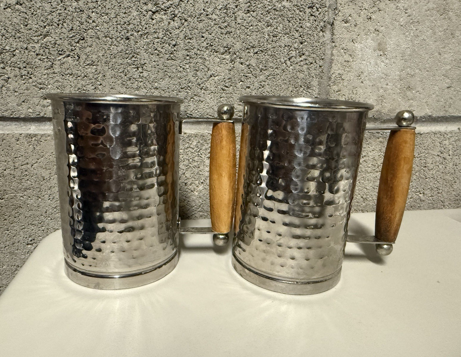 Set of 2 Hammered Metal Mugs w/ Wooden Handles Silver/Brown 10 oz Vintage