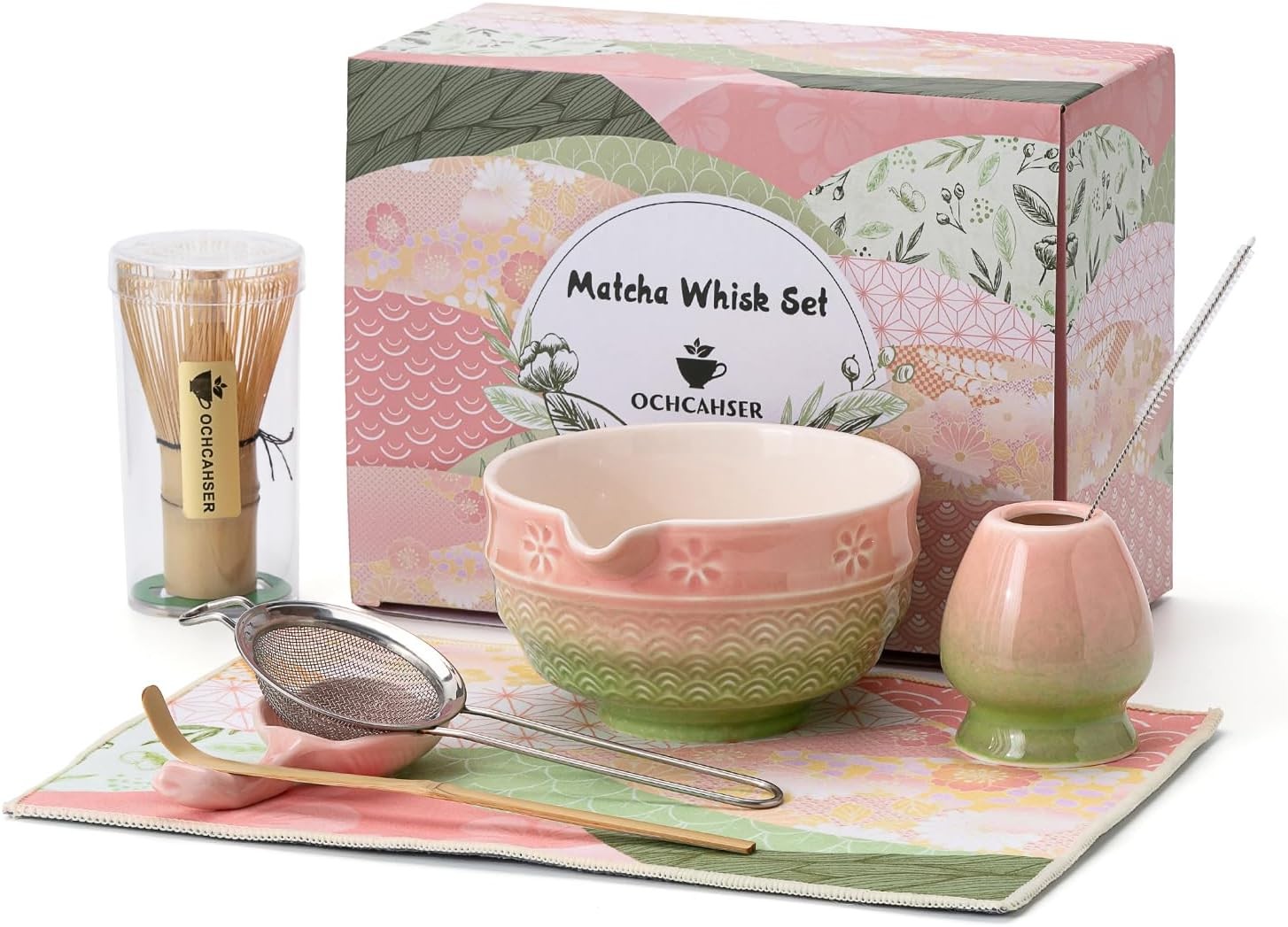 Matcha Tea Set, 8 Pcs Japanese Matcha Kit with Cherry Blossom and Wave