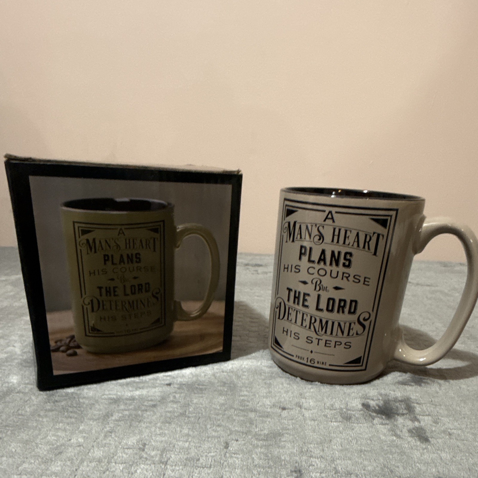 Gray/Black Ceramic Coffee Mug 16 fl oz Proverbs 16:9 Bible Verse Decor