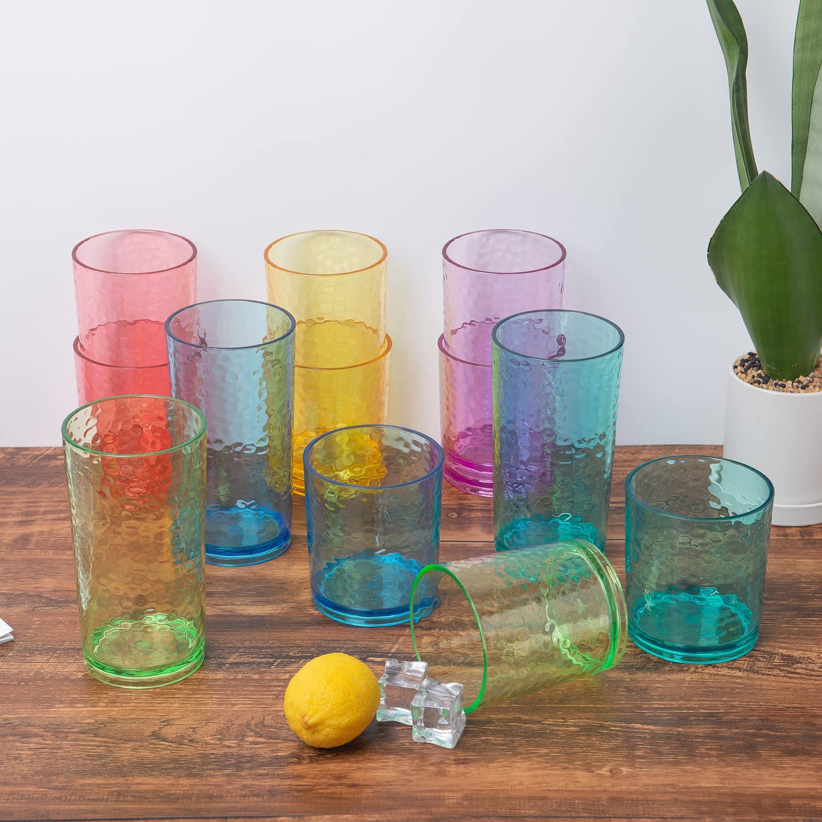 14-ounce Acrylic Glasses Plastic Tumbler, set of 6 Multicolor – Hammered Styl…