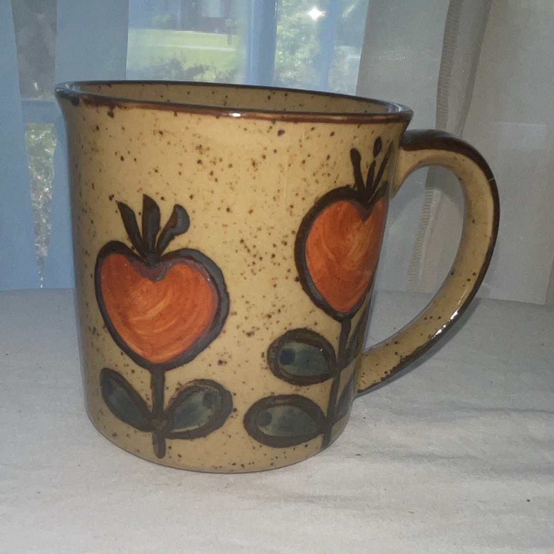 Speckled Beige Ceramic Coffee Mug Orange Floral Design 12 fl oz Round Country