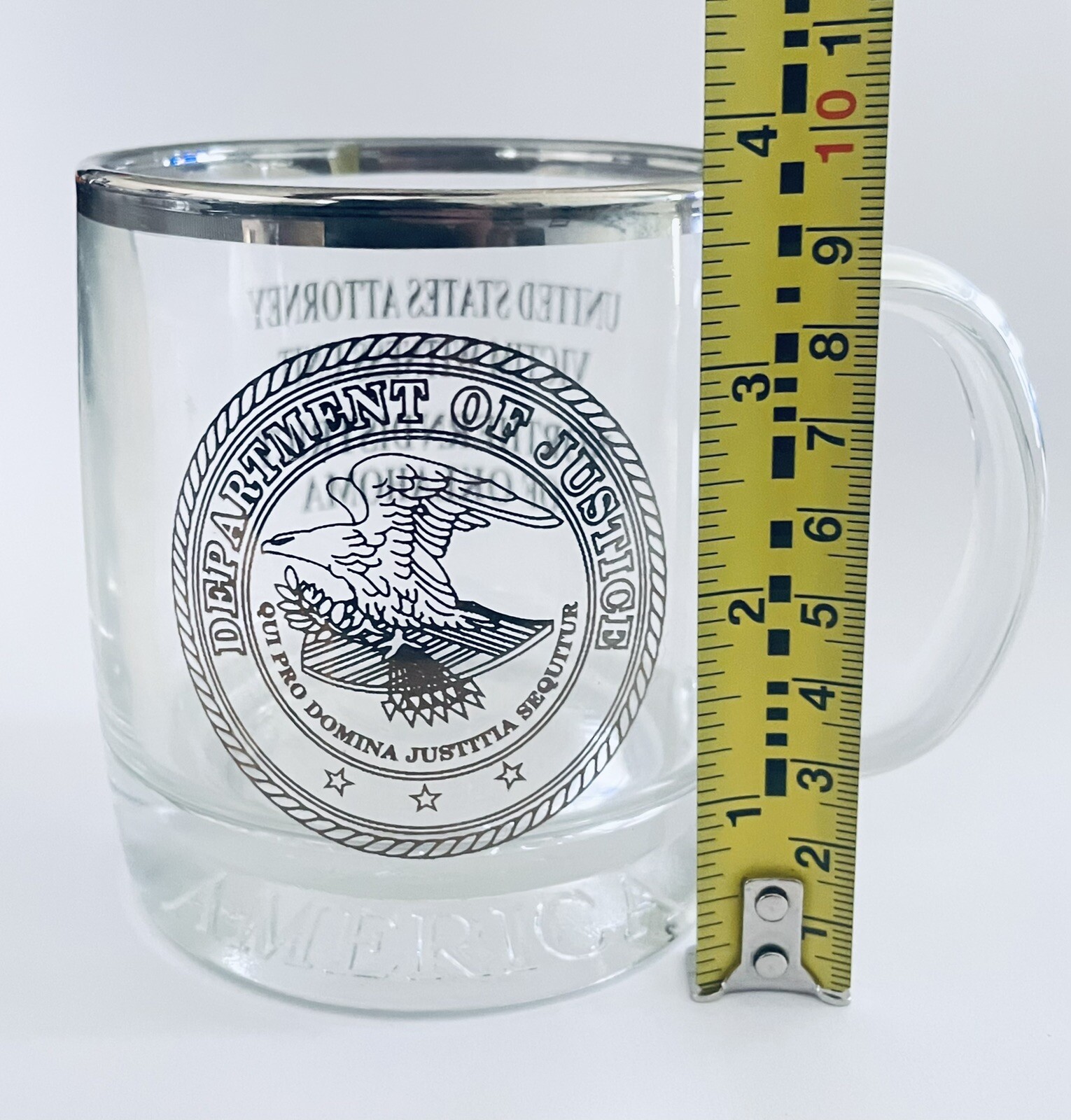 Department of Justice Silver Rimmed Glass Mug US Attorney Victim Witness Unit
