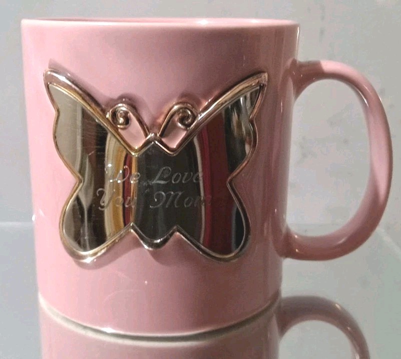 THINGS REMEMBERED PINK BUTTERFLY 3D Coffee Mug, Art Deco Engraved 20 Oz