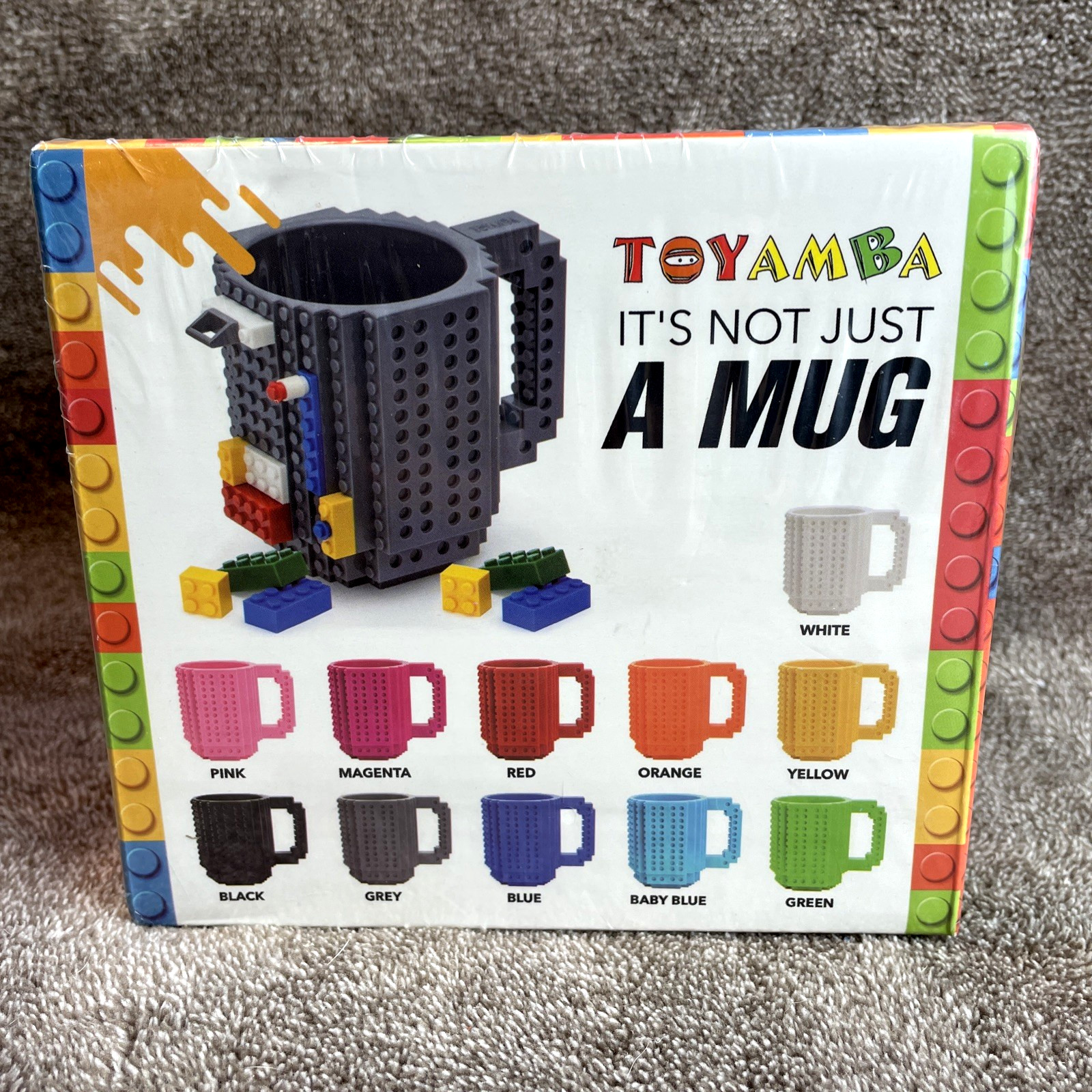 Toyamba Build-On Brick Mug 16 Oz BPA Free Plastic Black Building Bricks Included