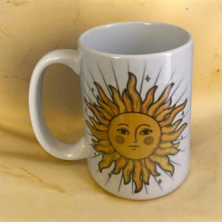 White Ceramic Coffee Mug 12 fl oz Sun Face Celestial Pictorial Decorated