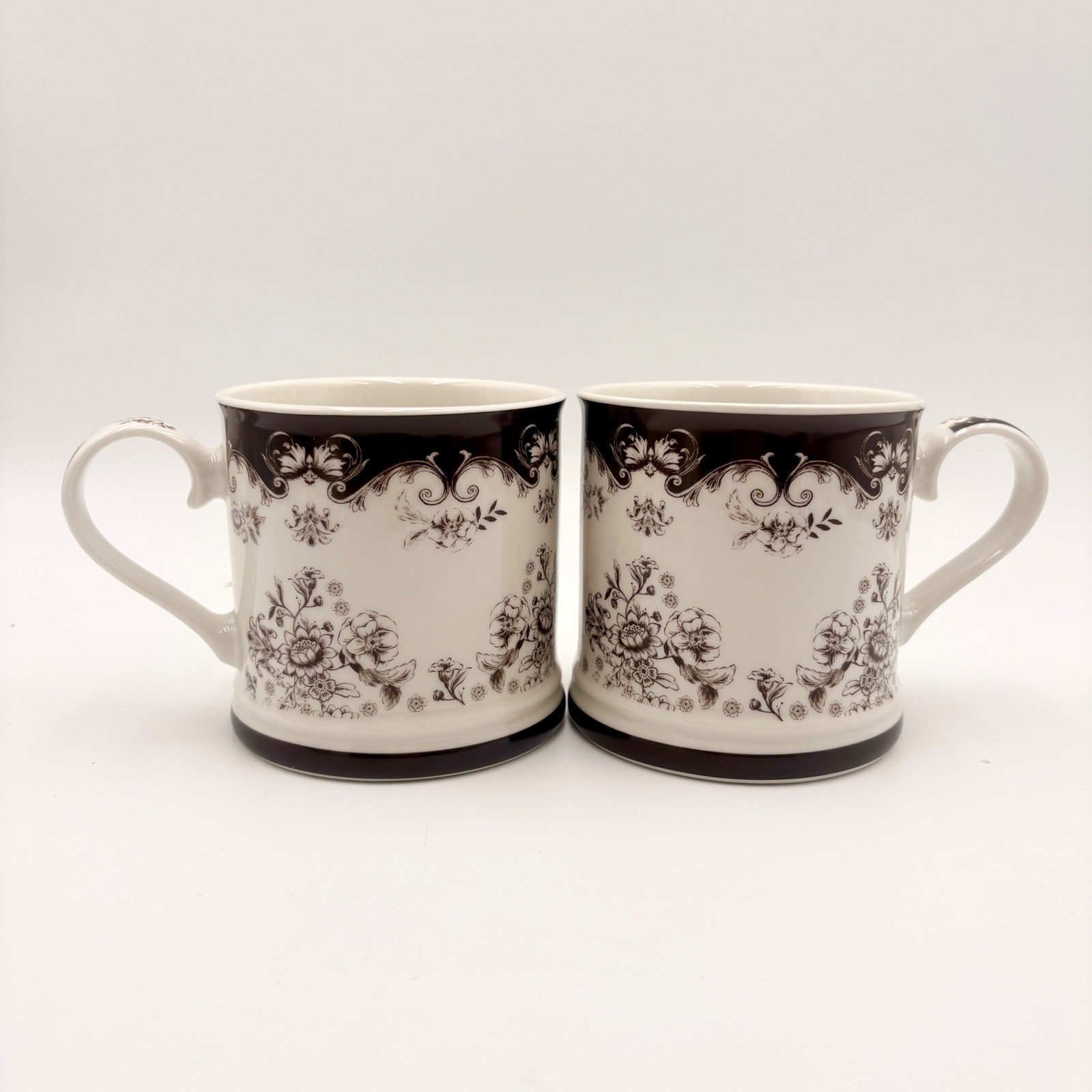 Robert Stanley Fall Classics Brown White Floral Toile Mugs 18oz Set of 2 Autumn