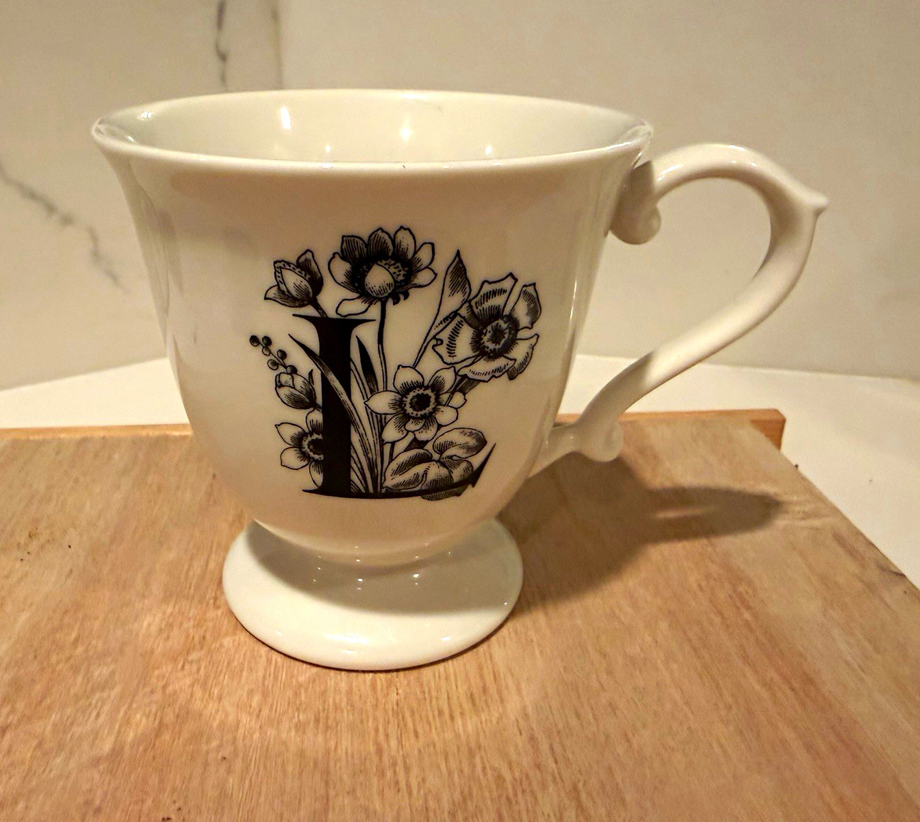 White Ceramic Pedestal Mug Black Floral Letter Decor Dishwasher Microwave Safe