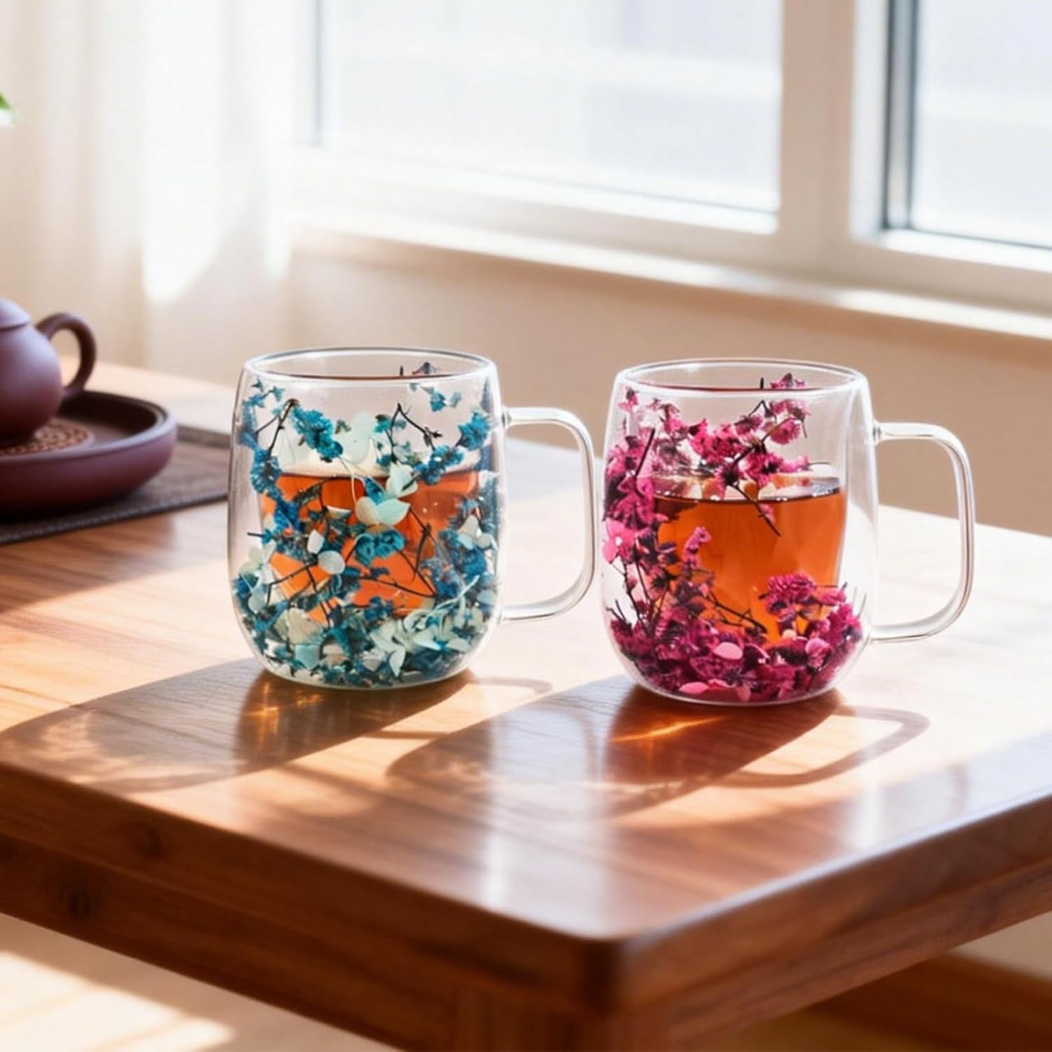 Real Flower Glass Tea Cup, Double Wall Borosilicate Coffee Mug with Preserved