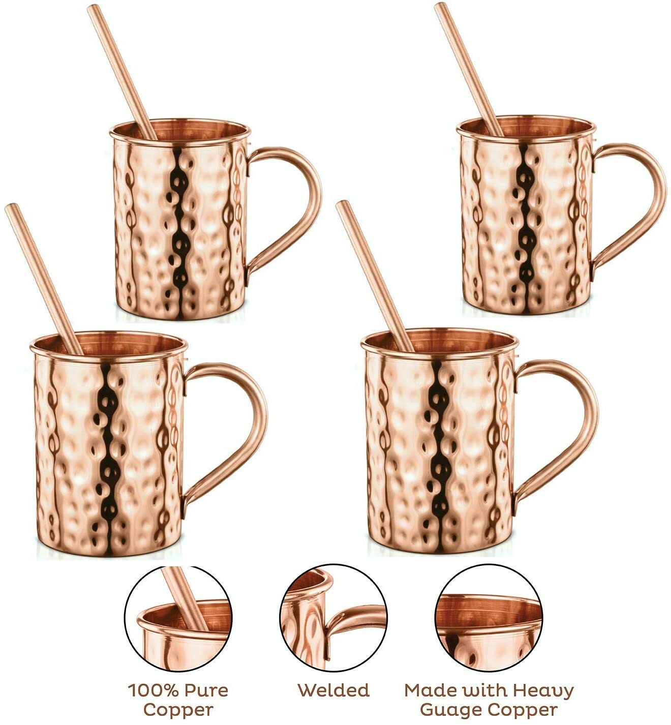 AVADOR Handcrafted Cylindrical Shape 100% Pure Copper Moscow Mule Mugs Set of 4