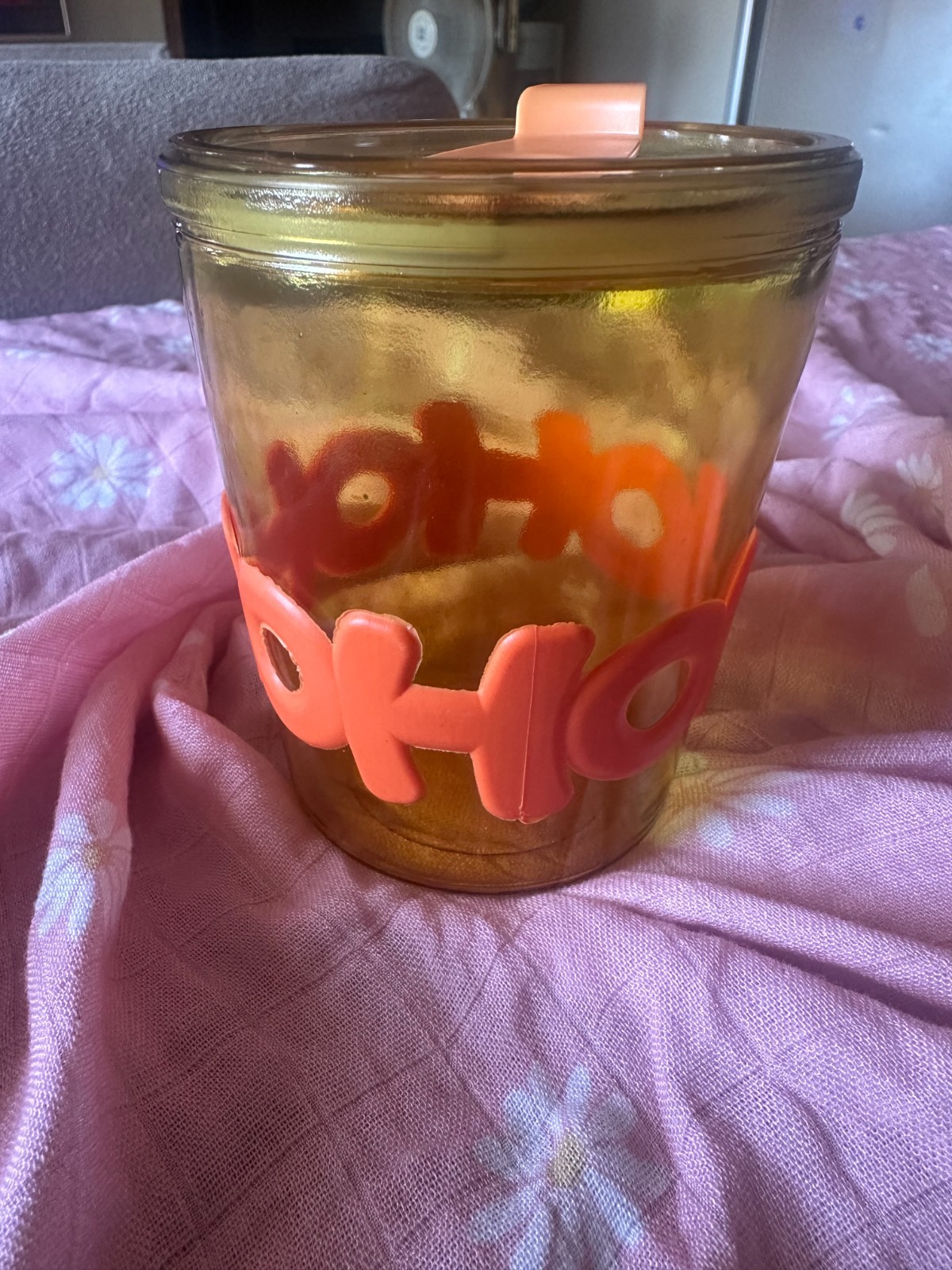 Vintage Mid Century Amber Glass Cookie Jar Canister Orange OHO Graphic Lid Retro