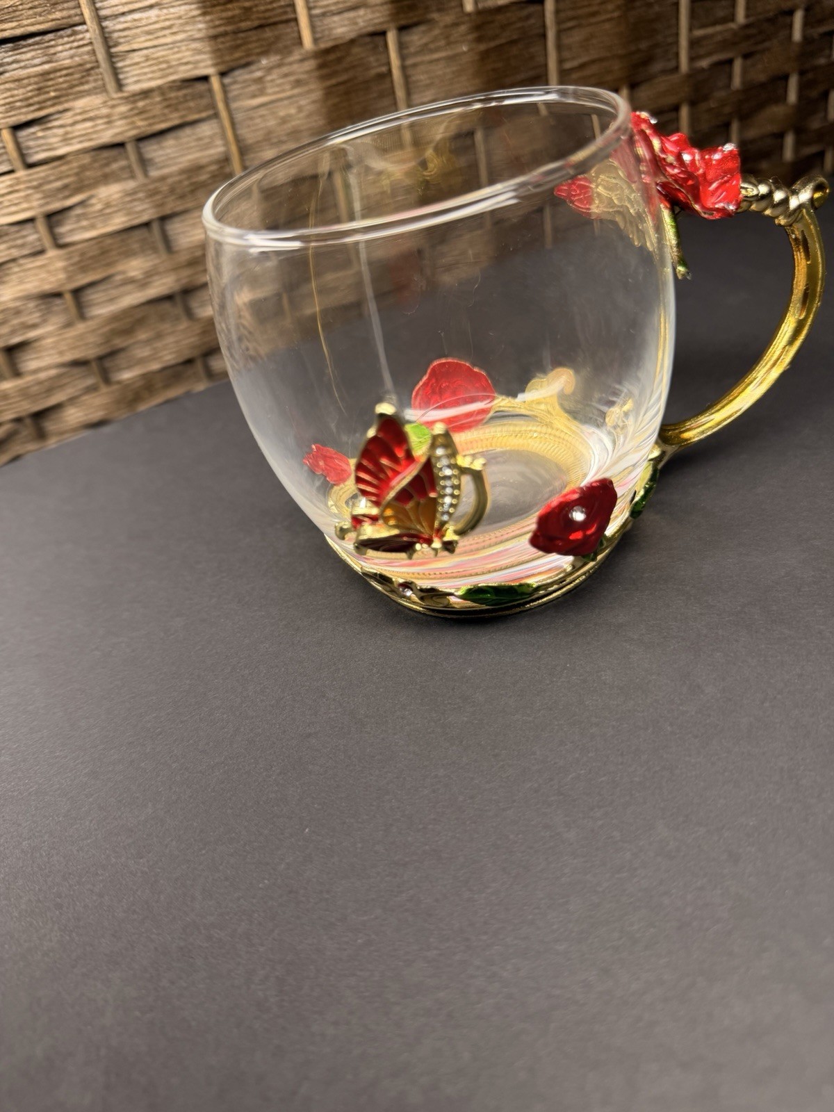 Decorated Glass Mug with Red Floral Butterfly Design Gold Handle Art Nouveau