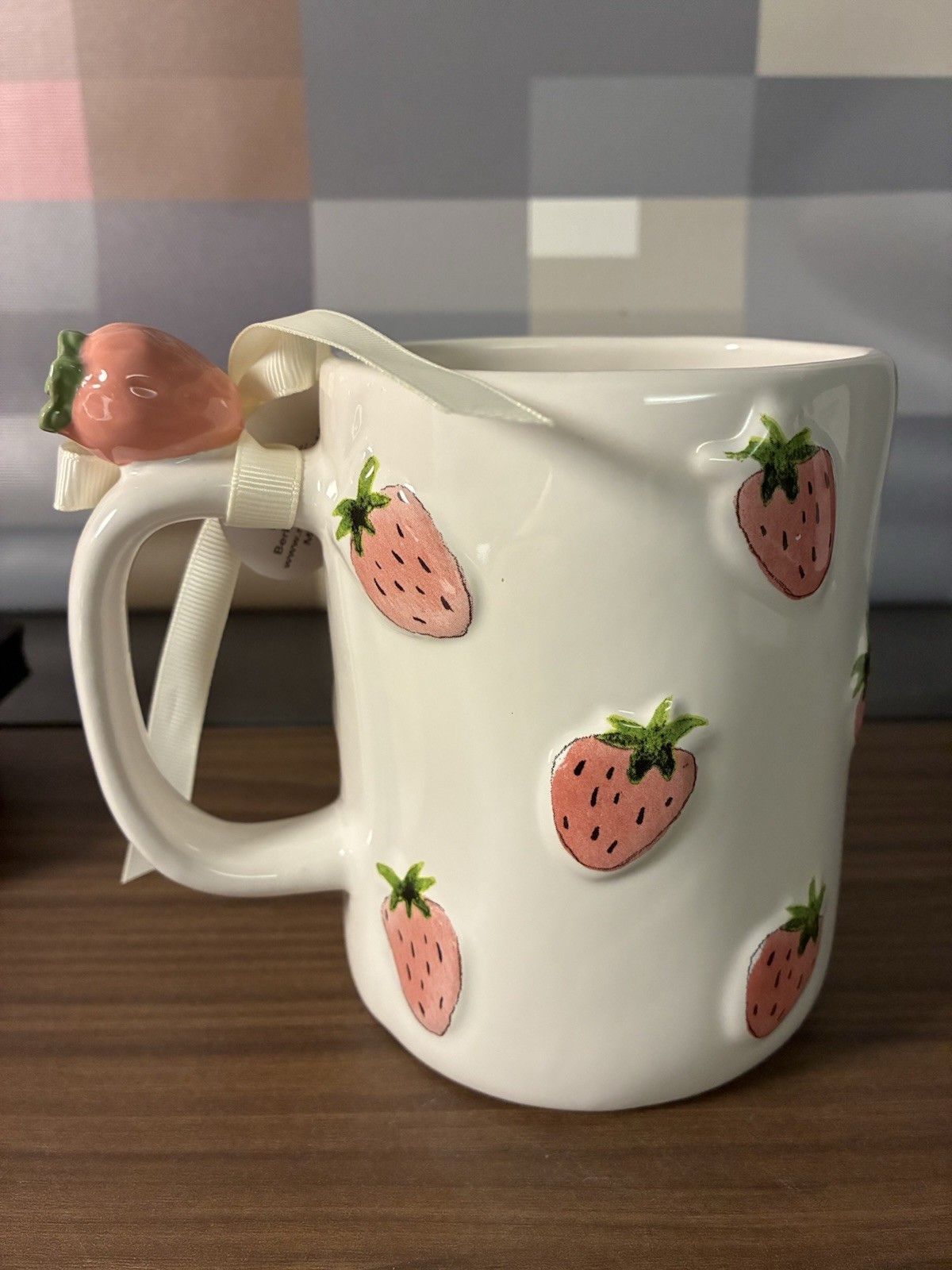 Rae Dunn Strawberry BERRY HAPPY Mug With Strawberry On Handle Summer