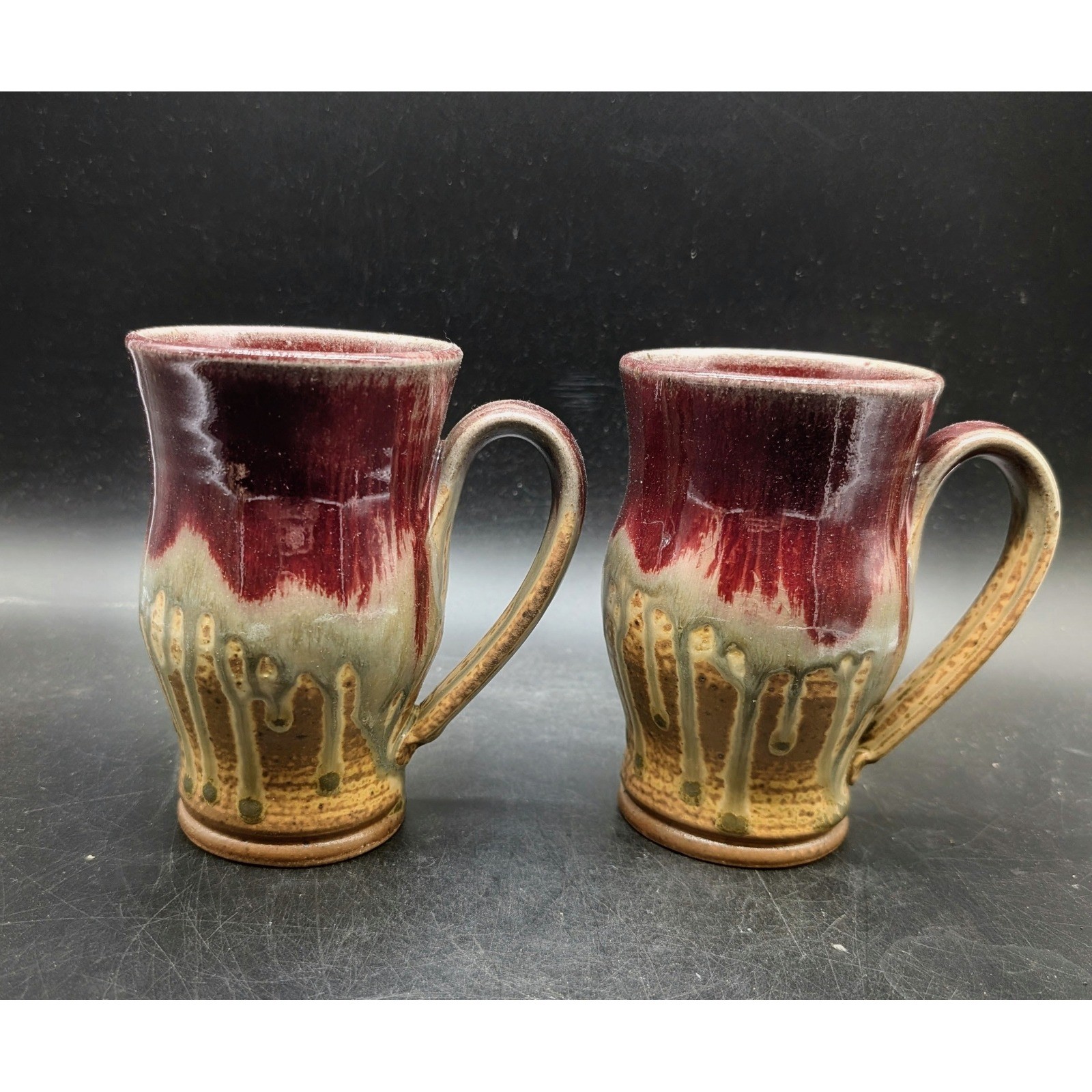 Ray Studio Pottery Signed Mugs Set of 2 Burgundy Green Drip Glaze Stoneware