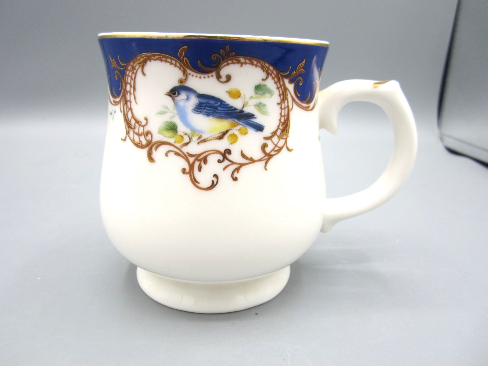 Grace Teaware White Dark Blue Birds Fine Porcelain Tea Coffee Mug 14 oz. (544)