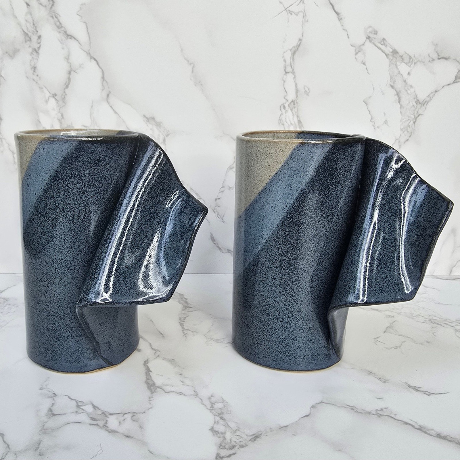 Studio Pottery Folded Handle Mugs Set of 2 Navy Blue Speckled Stoneware Artisan