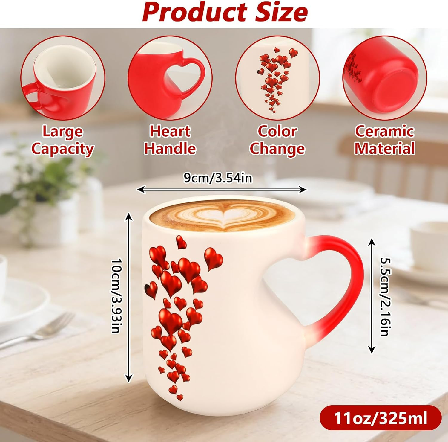 Color Changing Heart Mug, 11Oz Heat-Activated Novelty Ceramic Coffee Cup That Re
