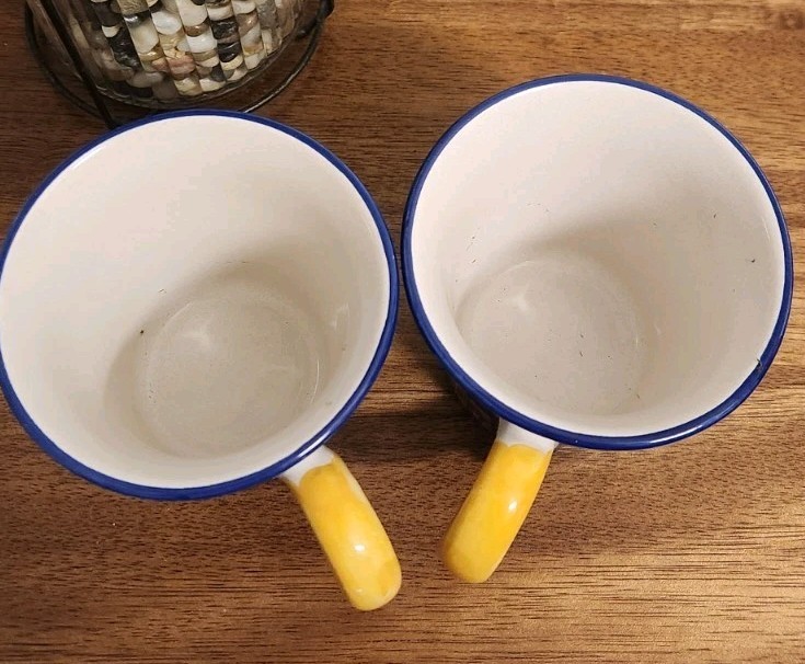 Pier 1 Italian Swirl Hand Painted Earthenware Ceramic Mug Pair Blue Yellow Italy