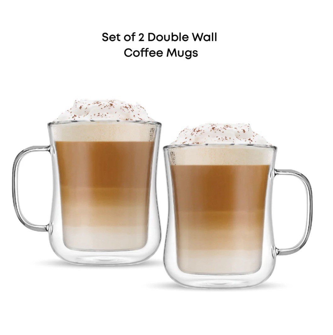 JoyJolt Diner Double Wall Glass Coffee Mug Set, 2-Piece, 13 fl oz, Clear