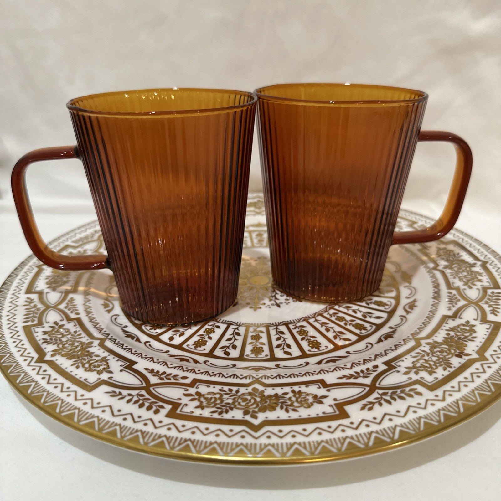 Ribbed Glass amber Coffee Tea Mug Cup 12oz Set Of 2