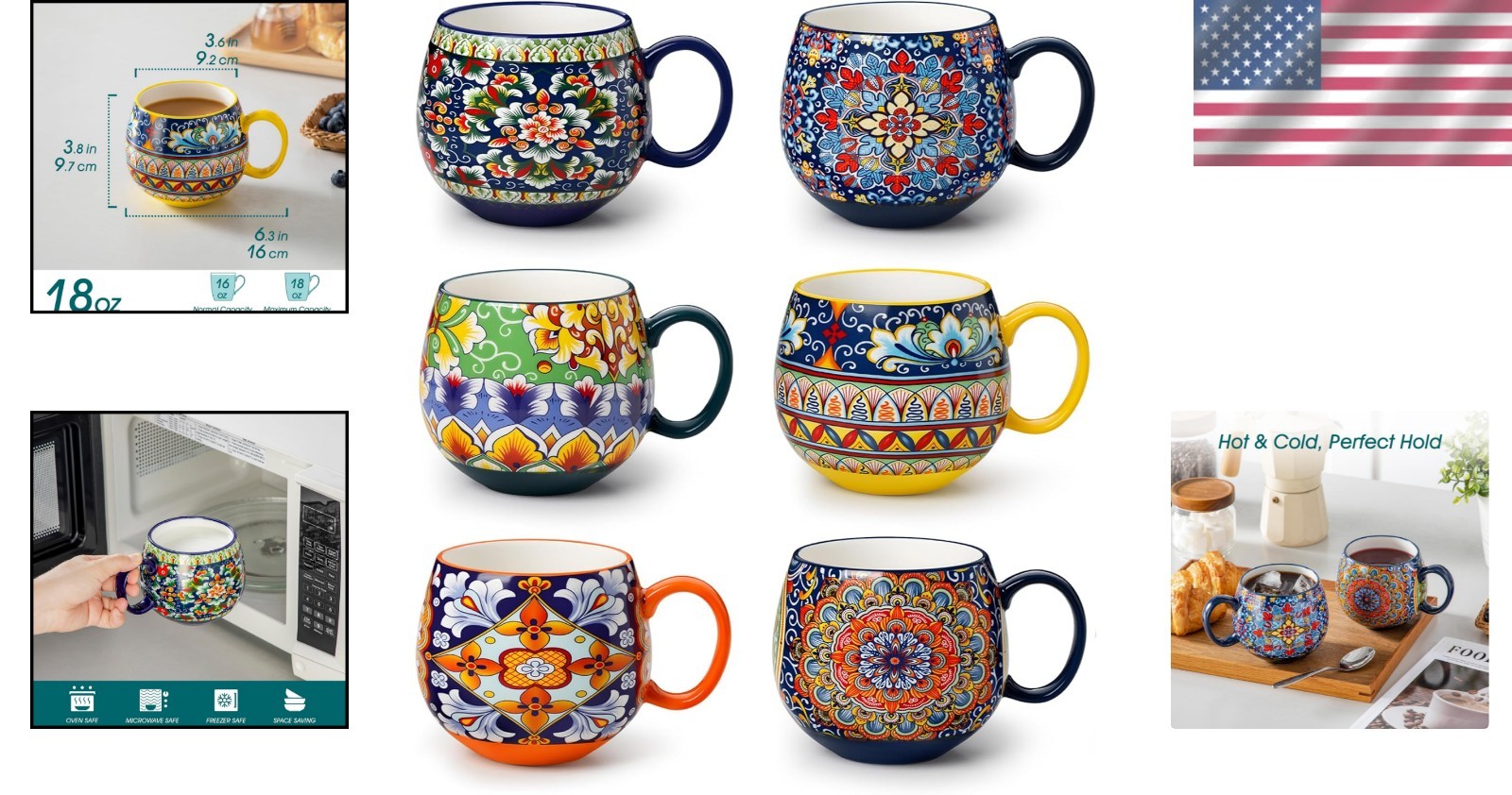 Coffee Mugs Set of 6 Porcelain Coffee Cups 18oz Colorful Boho Safe Microwave