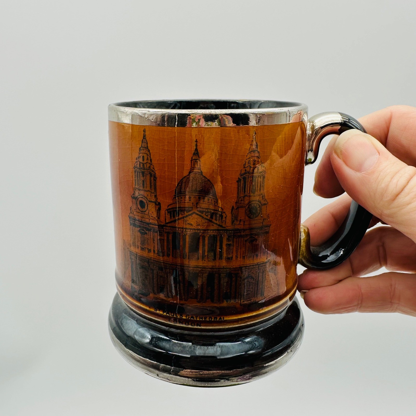 Arthur Wood Royal Bradwell London Landmarks Vintage Mug Amber Silver Trim