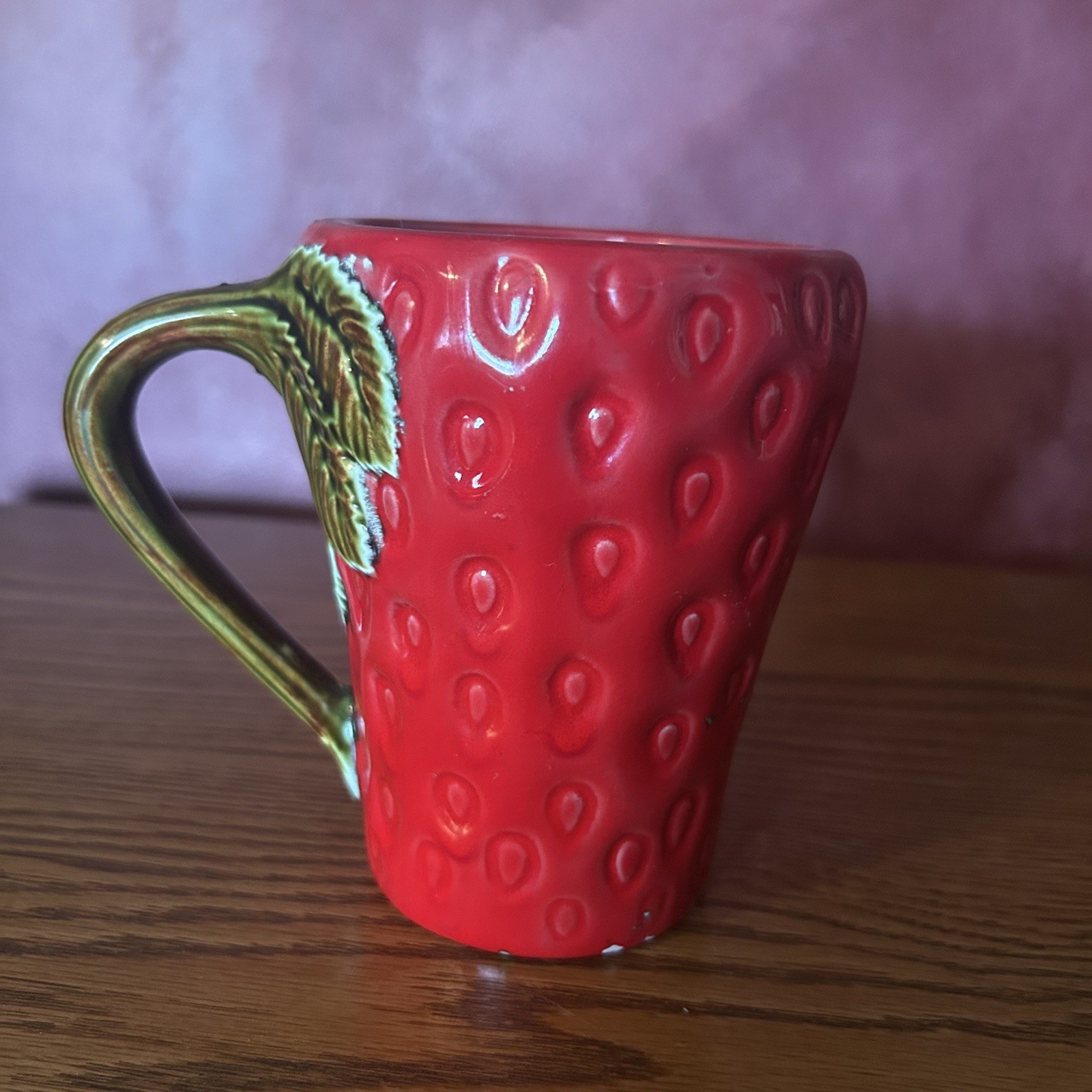 Red Strawberry Pattern Ceramic Coffee Mug w/ Green Leaf Handle, 8 fl oz