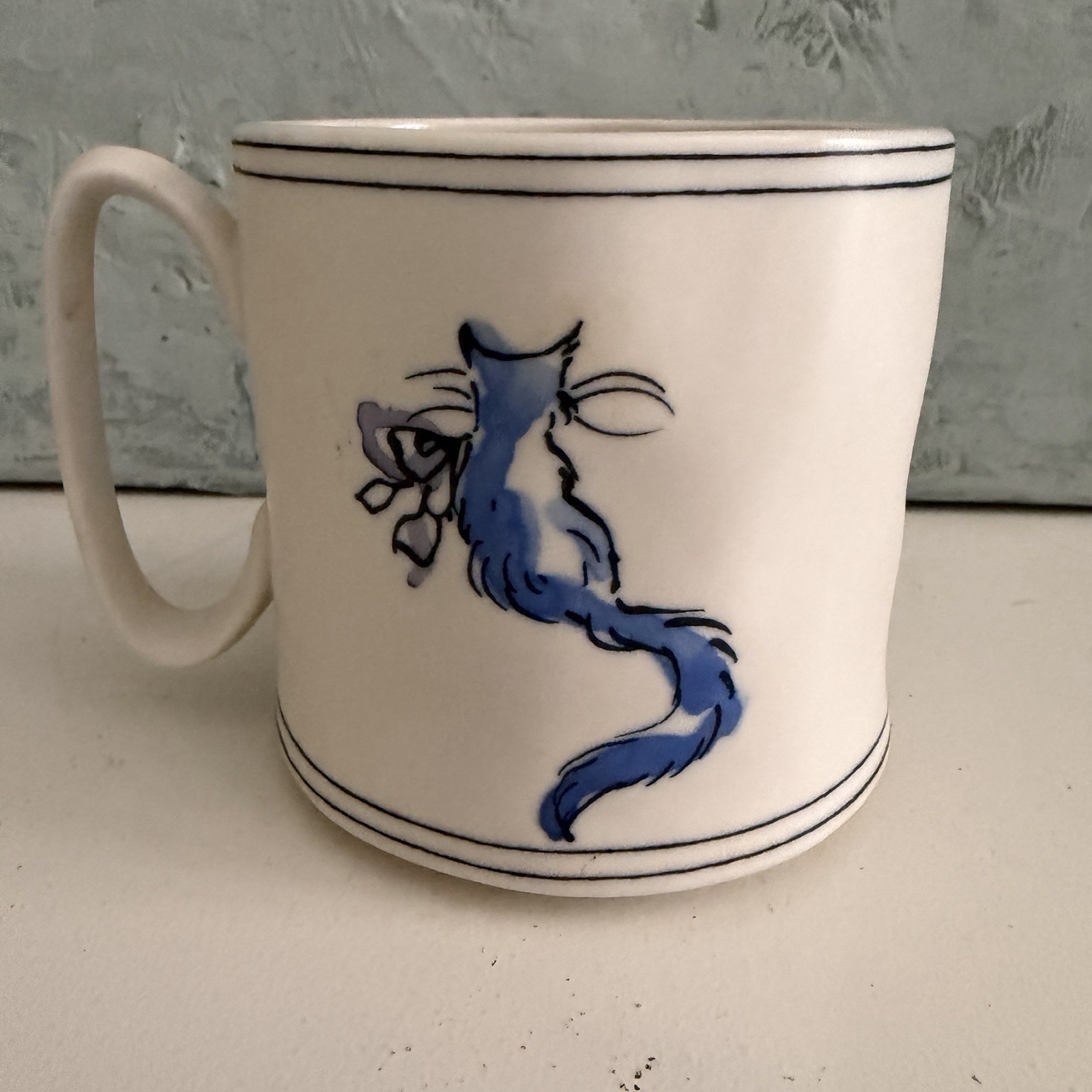 ANTHROPOLOGIE Coffee Tea Mug Ciao Bella Cat Blue Polka Dot Interior CUP Ceramic