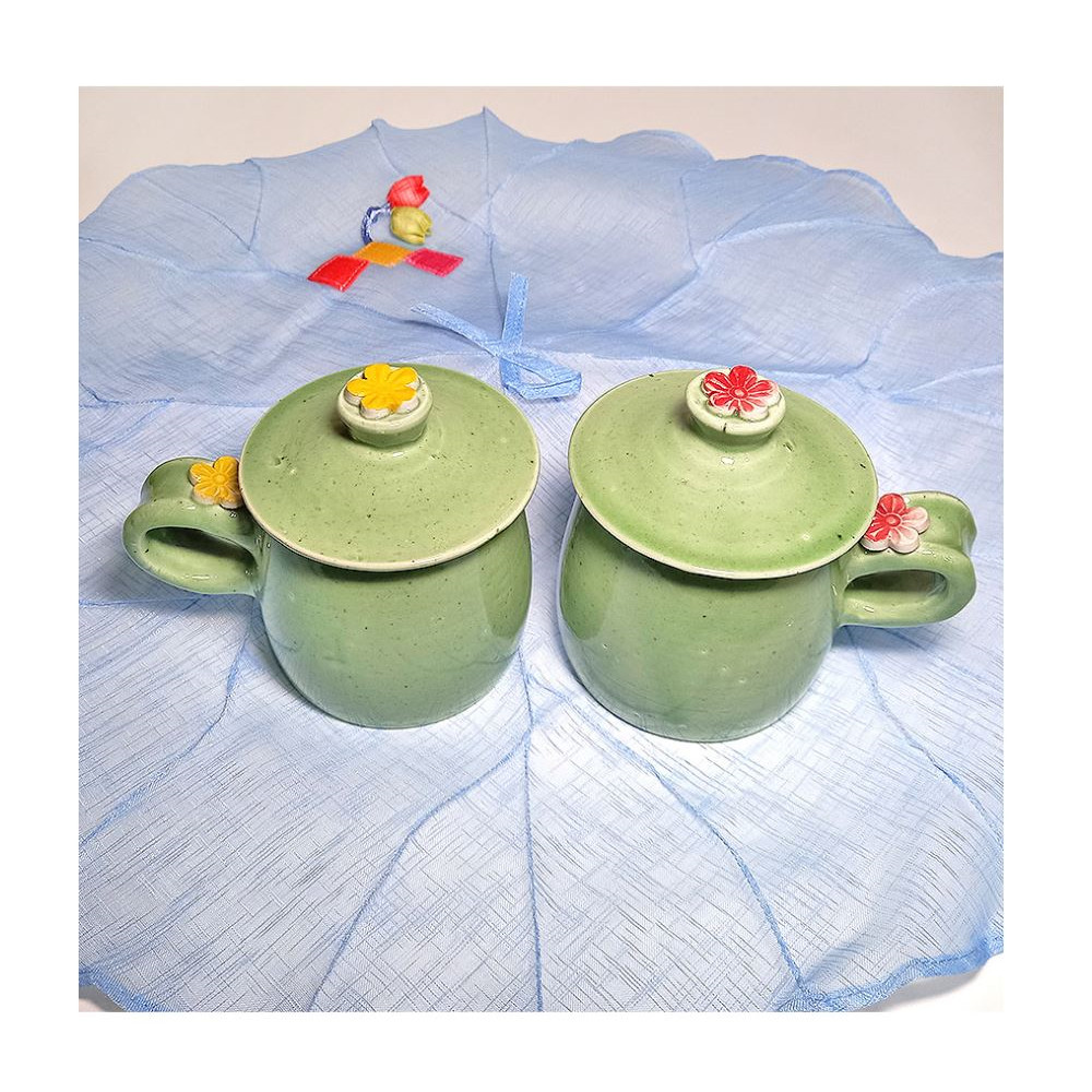 Korean Handmade Green Ceramic Mug Set Floral Lid Tea Coffee Cup Gift Set of 2