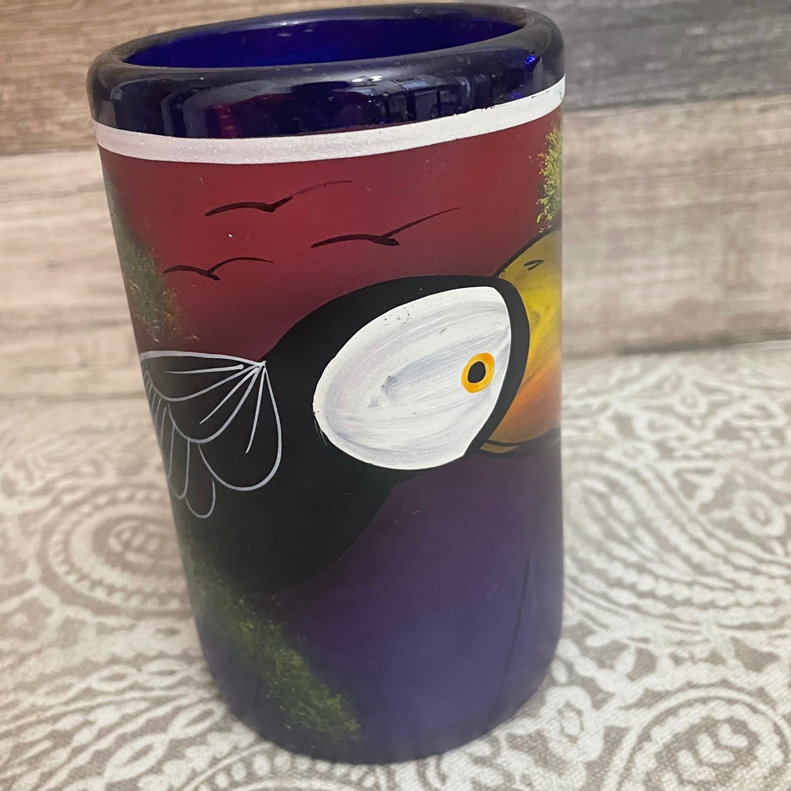 Hand blown colbalt blue fused glass Hand Painted Toucan Tropical mug