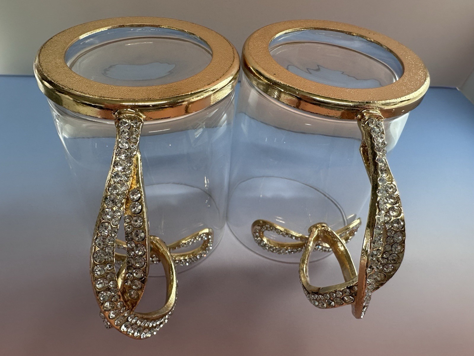 Set of 2 Glass Bow Mugs Gold Tone Rhinestone Bling Handle Decor Any Occasion