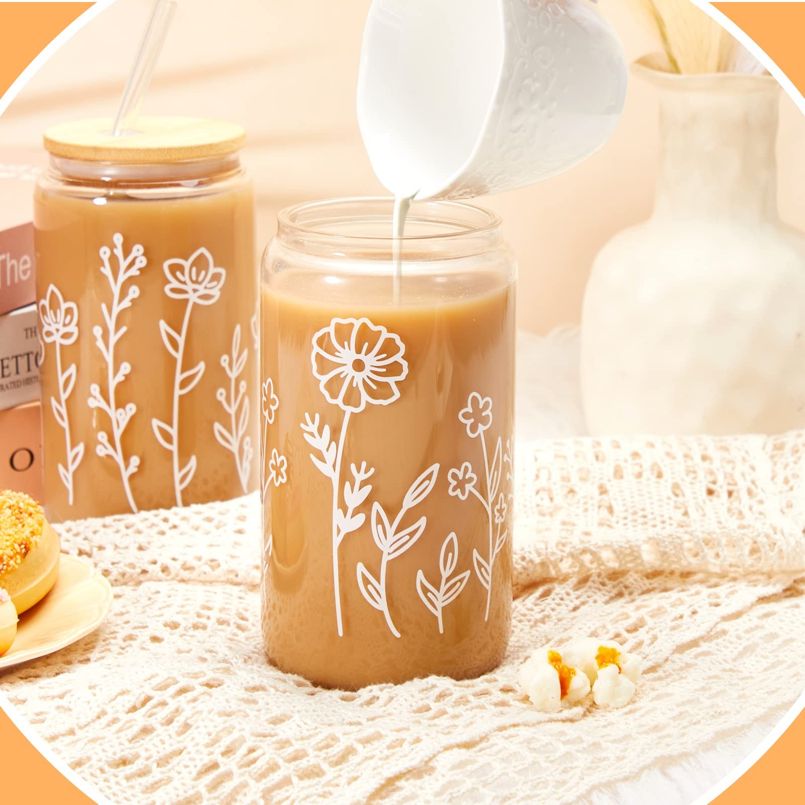 4 Pack Bridesmaid Gift Glass Cups, Cute Flower Mason Jars with Bamboo Lids & …