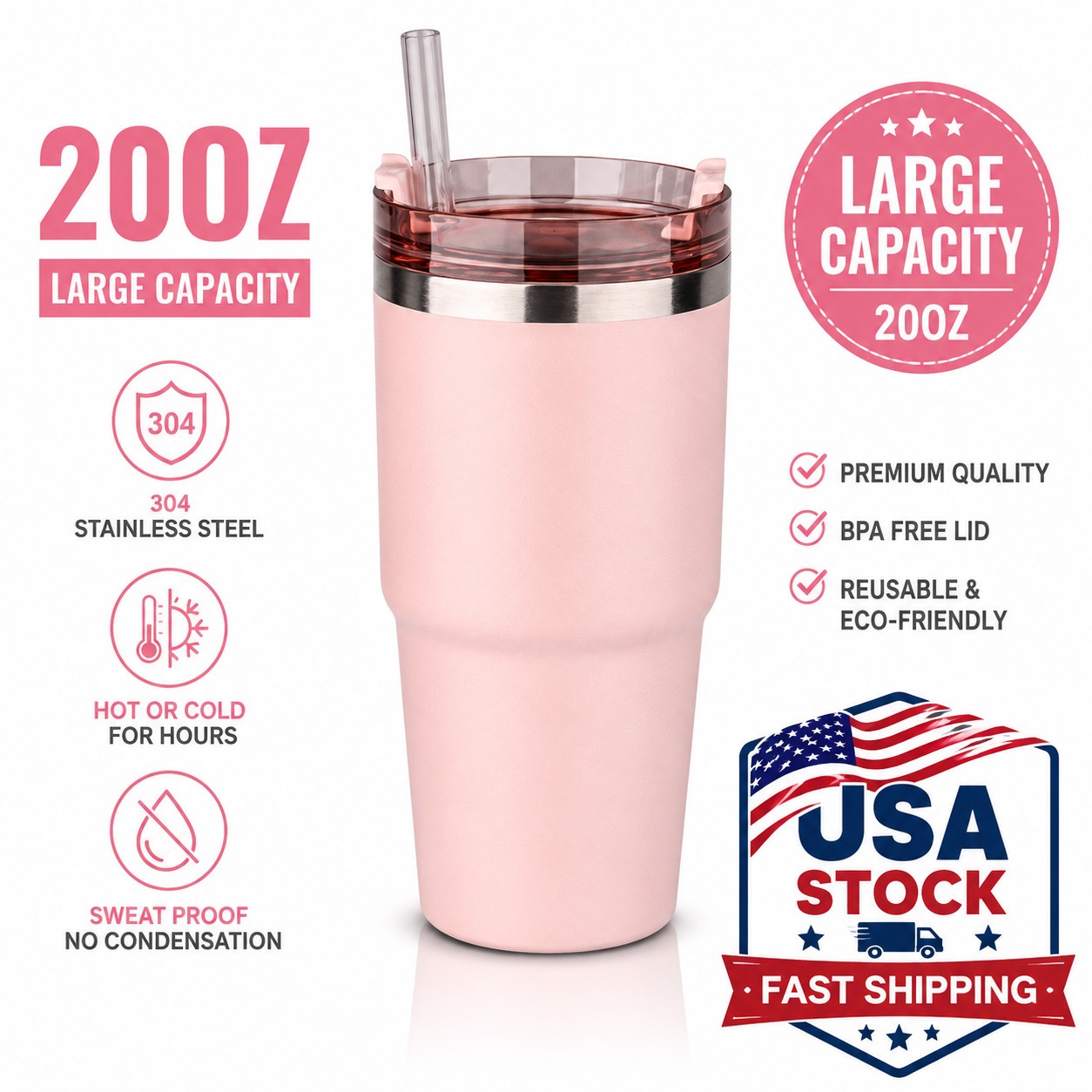 20oz Pink 304 Stainless Steel Tumbler with Lid Straw Coffee Cup USA Stock