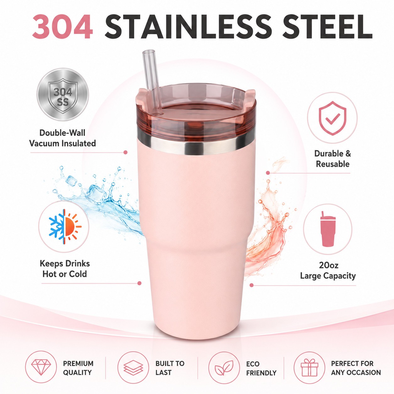 20oz Pink 304 Stainless Steel Tumbler with Lid Straw Coffee Cup USA Stock