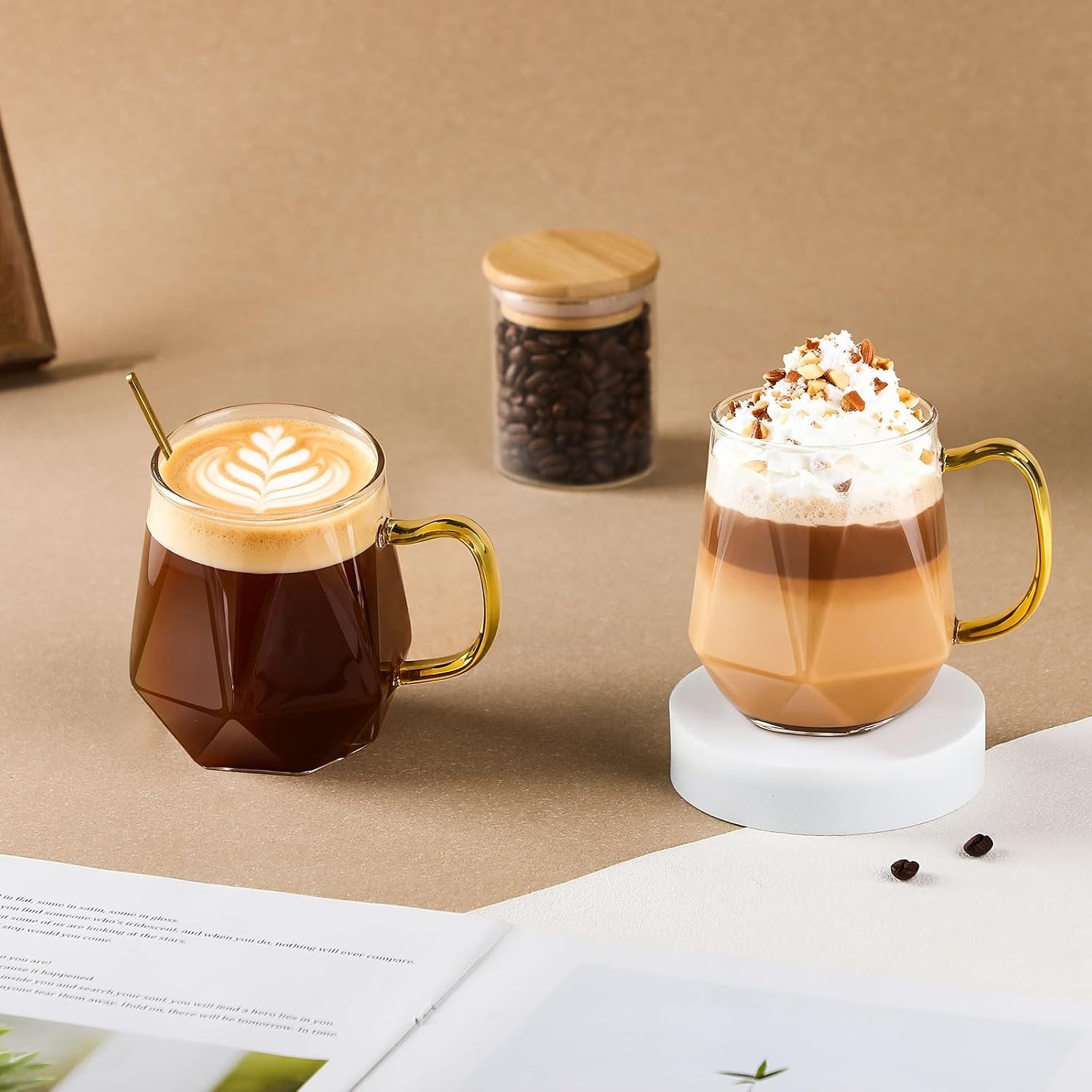 Glass Coffee Mugs 12oz with Handle and Spoon, Set of 2 | 350ml Glass Coffee Cups