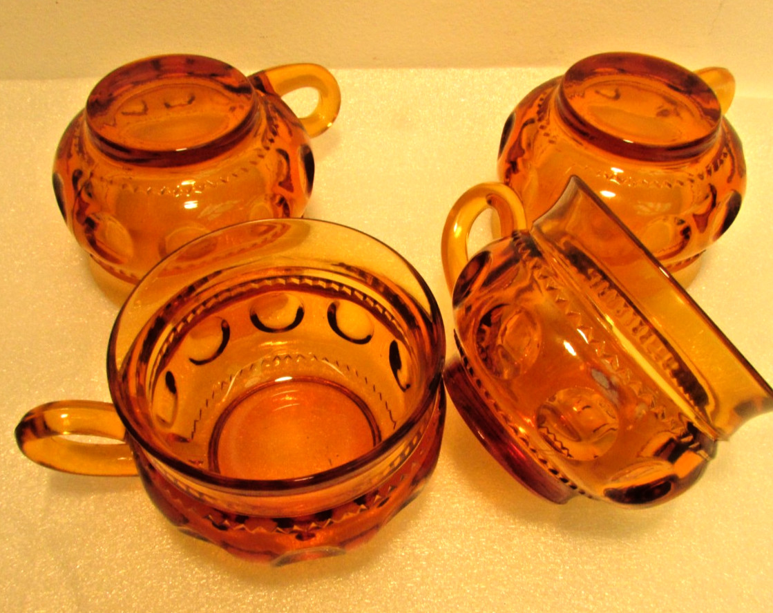 Set of Three 4 Indiana Glass Amber Thumbprint Zigzag King’s Crown Teacup VTG