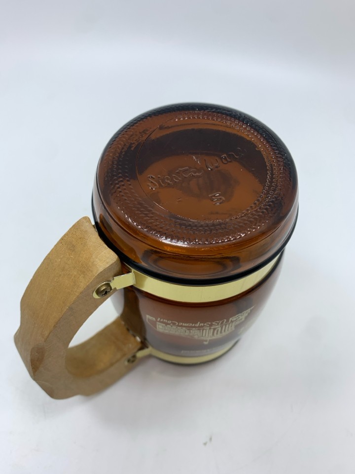 VTG WASHINGTON DC AMBER GLASS MUG W/WOOD HANDLE.
