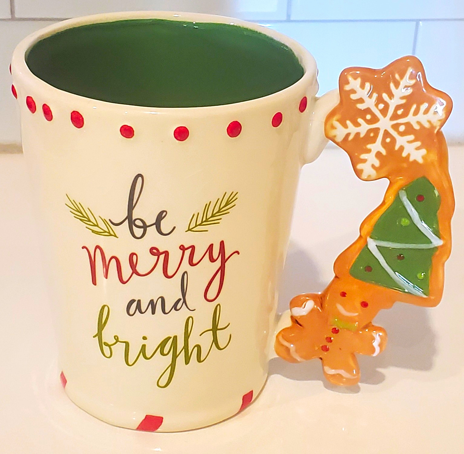 “Be Merry and Bright” Christmas Gingerbread Handle Coffee Mug 16 oz Ceramic