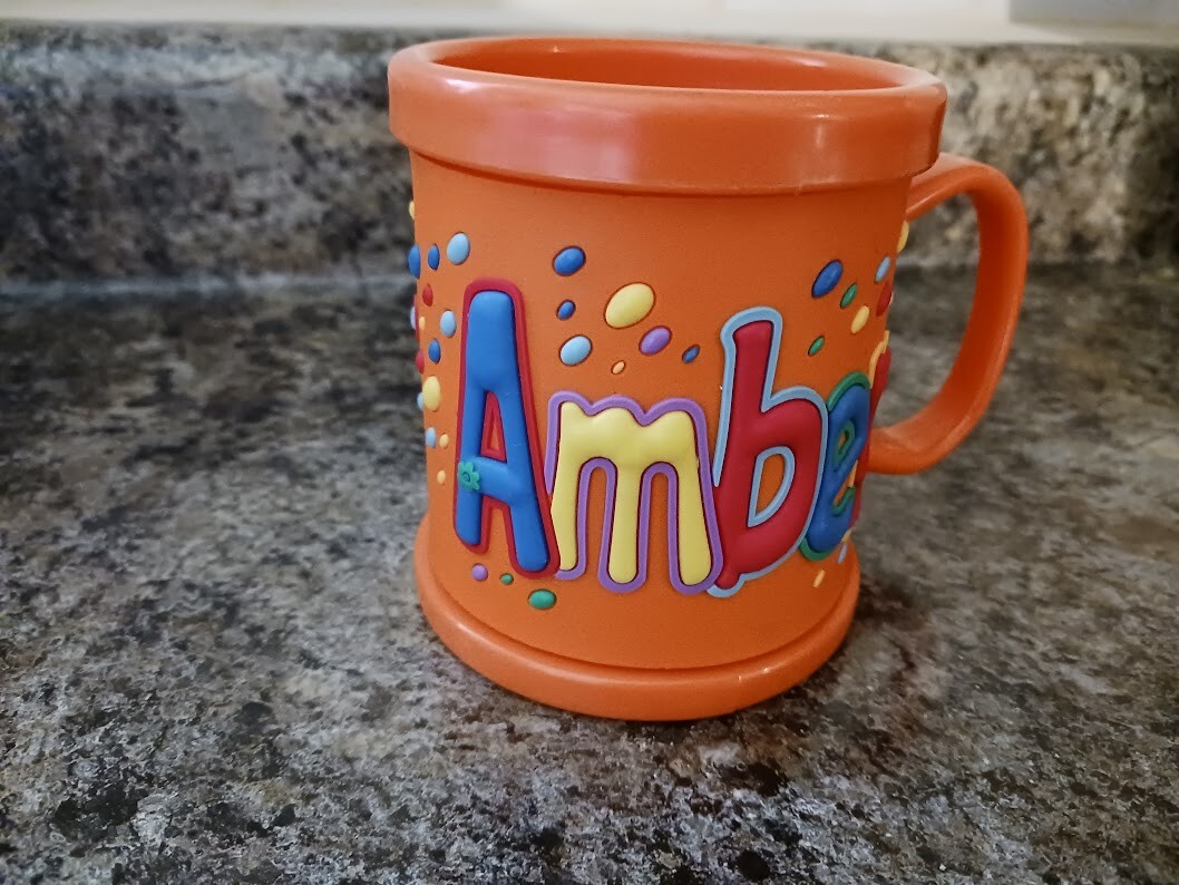 Name: AMBER – NEW Personalized Childs Kids Mug Cup Plastic 10oz. 3D John Hinde
