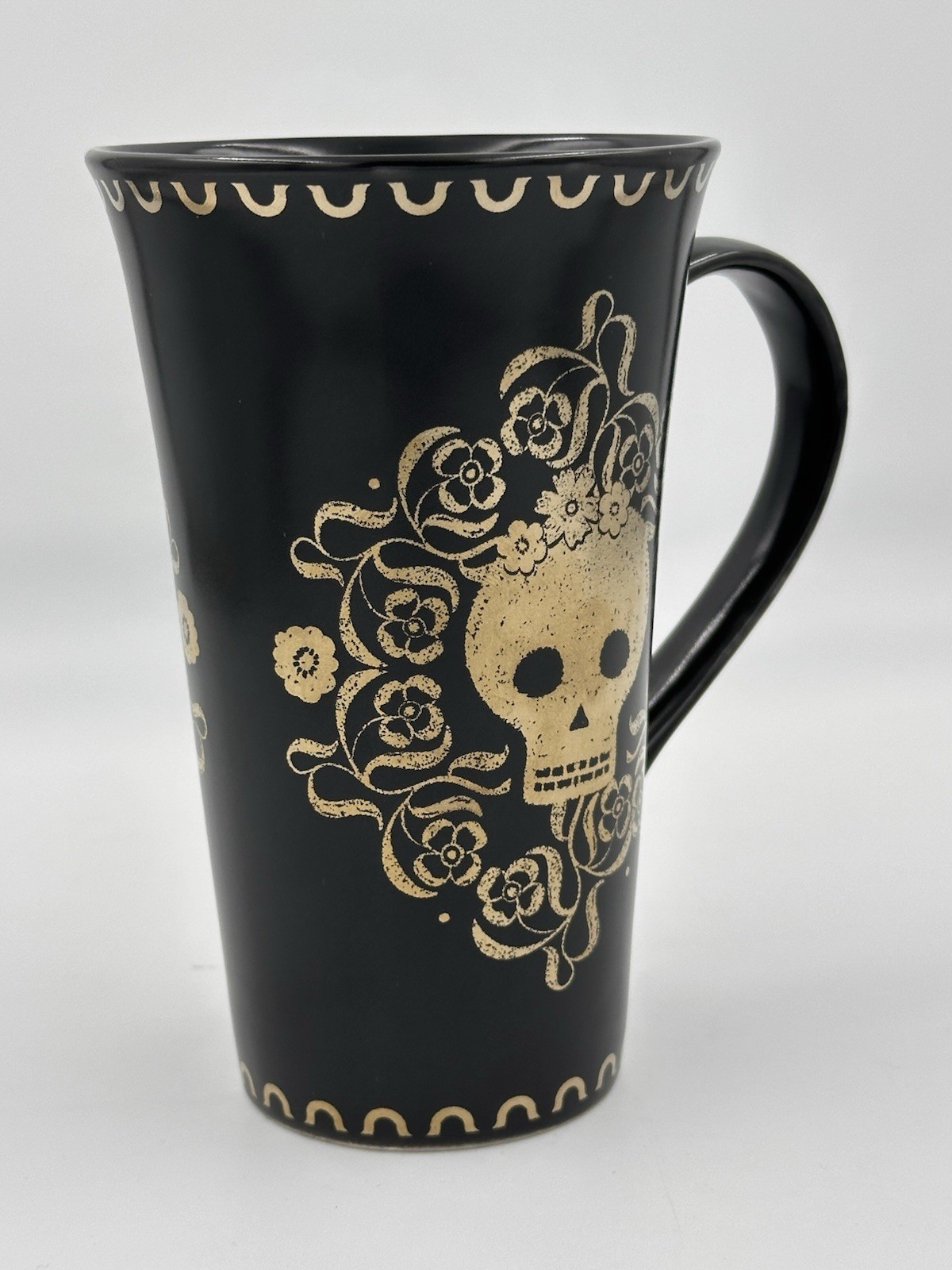222 Fifth Gold Earthen Skull on Black Tall Mug Gothic Drinkware