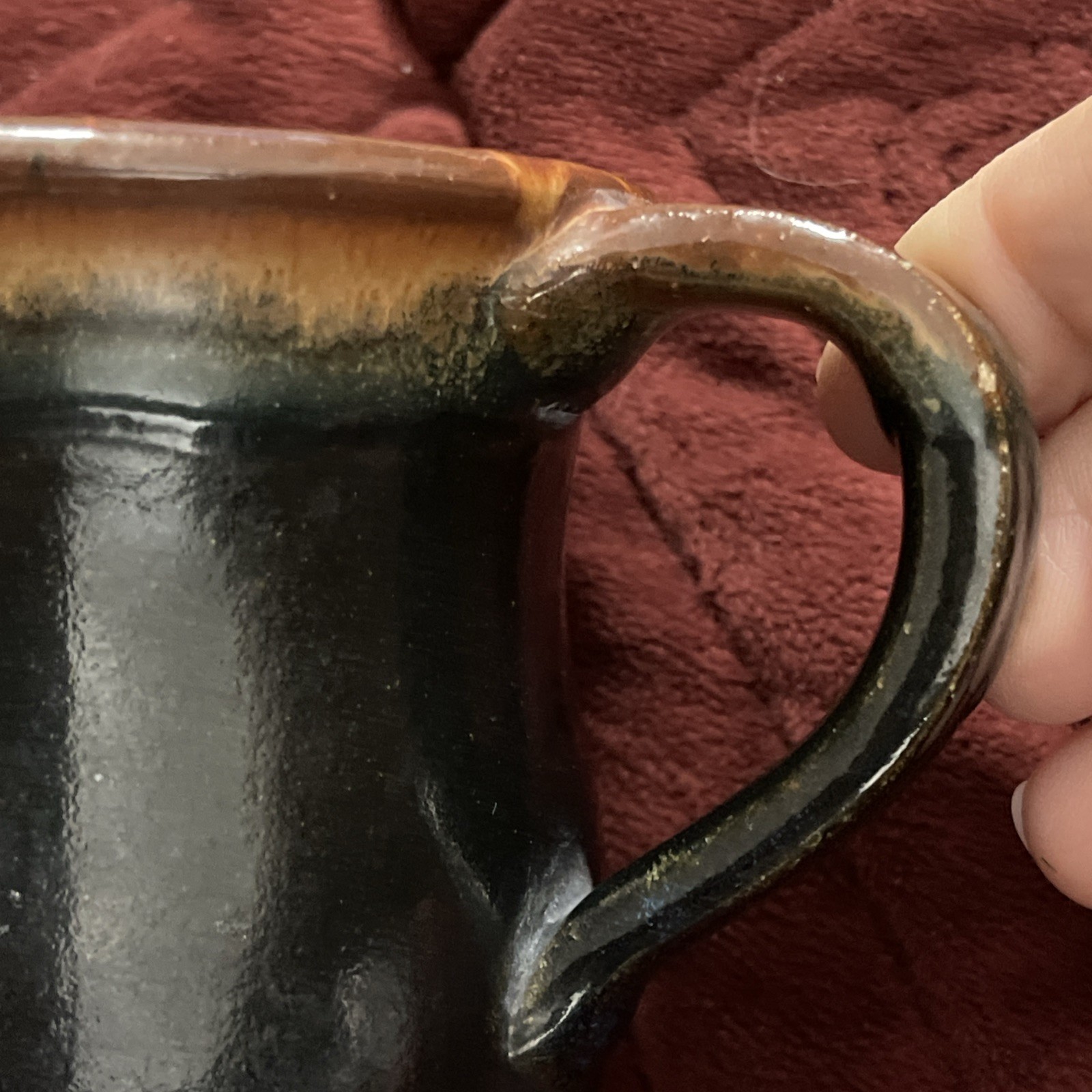 Handmade Studio Pottery Cup Mug Deep Blue Brown Drip Glaze Artisan Signed Heavy