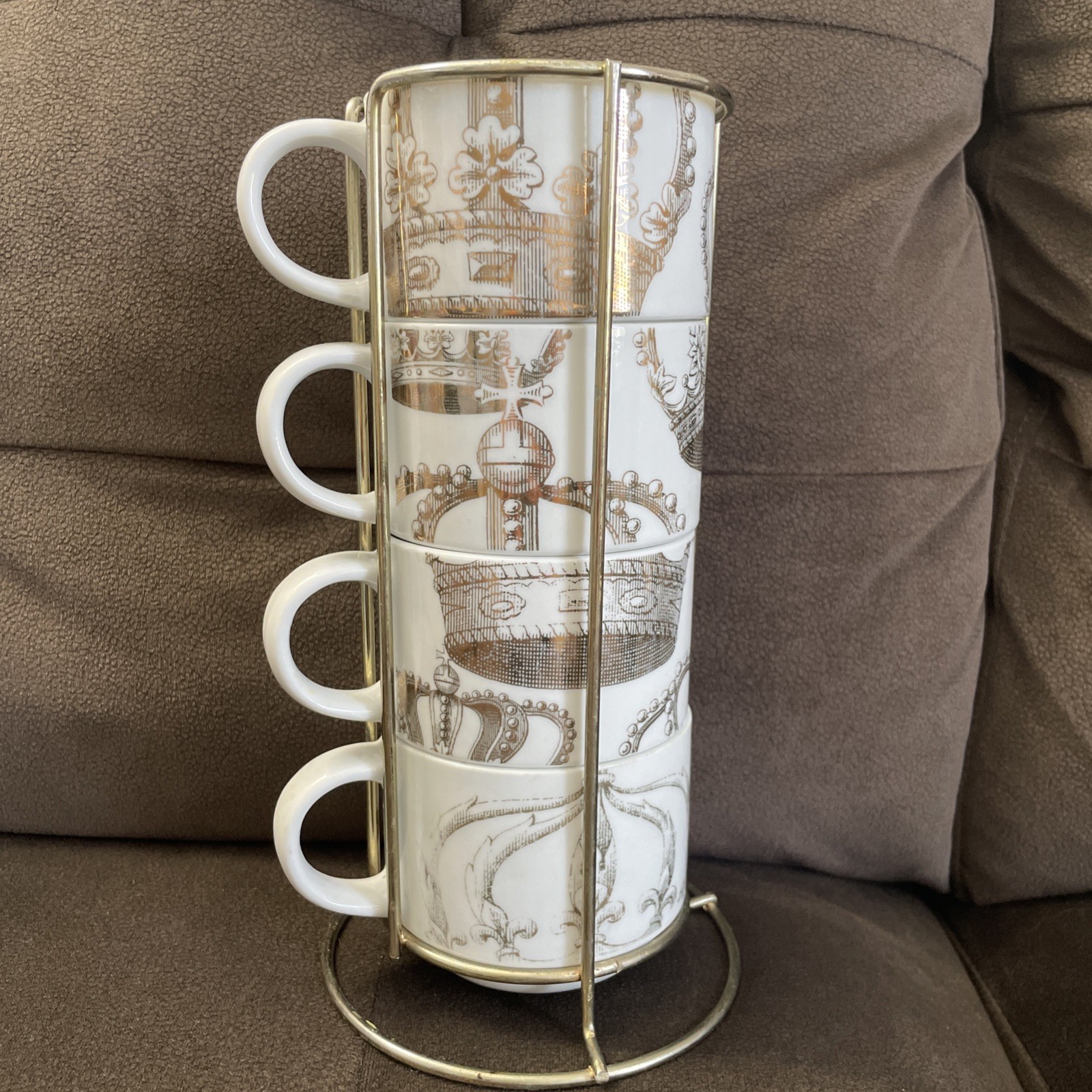 Pier 1 Stackable Coffee Mugs SET OF 4 Cups w/ Rack Silver Crown Elegant Regency