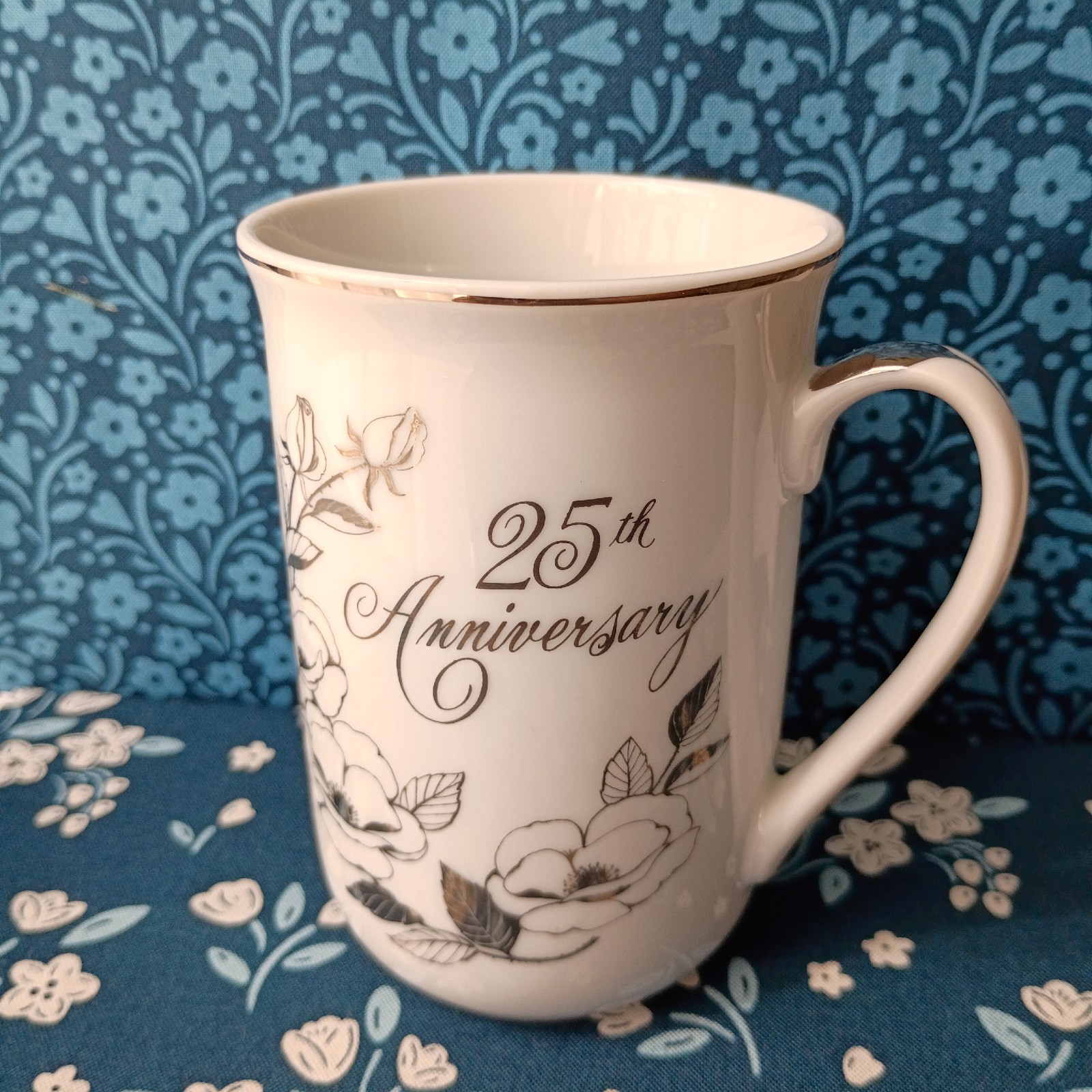 Georgian Fine China Coffee Mug 25th Anniversary Floral Decor White Gold Rim