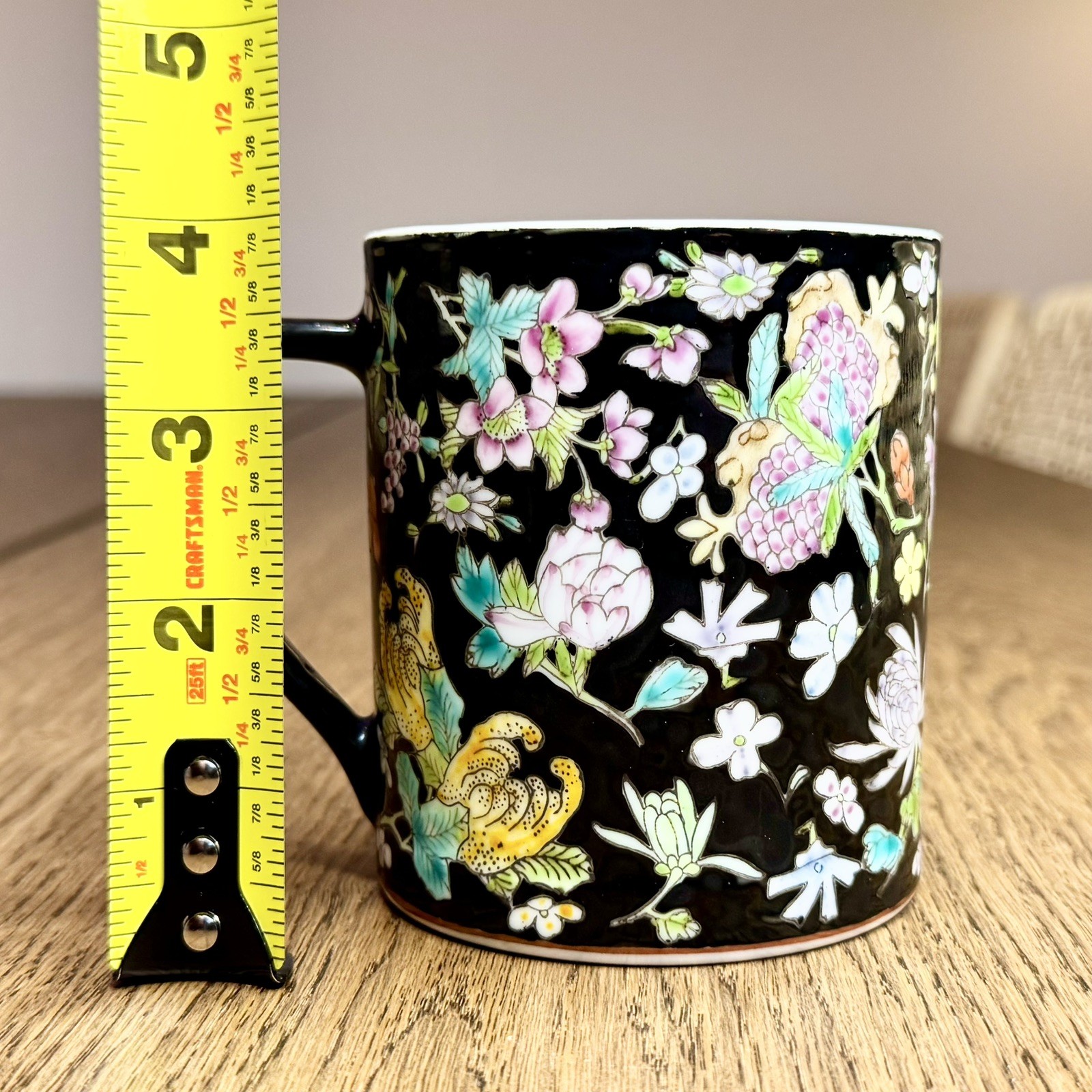 Vintage Chinese Hand Painted Famille Noire Floral Porcelain Mug Black Background