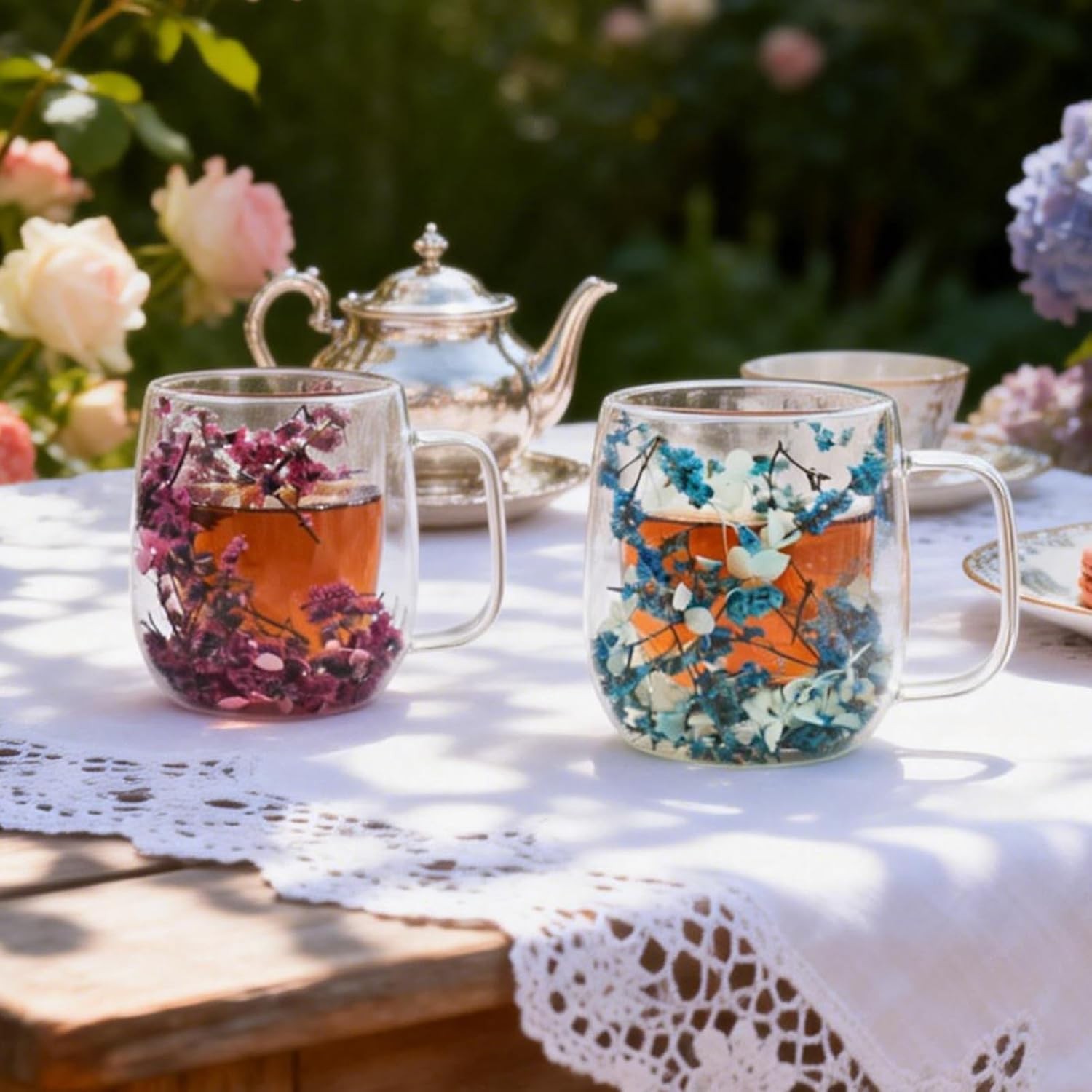 Real Flower Glass Tea Cup, Double Wall Borosilicate Coffee Mug with Preserved