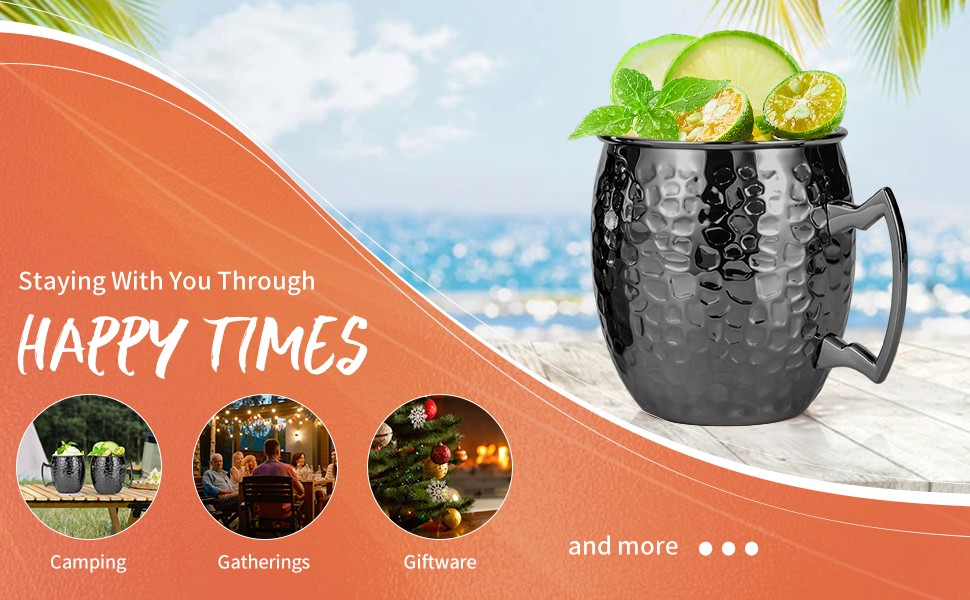 Moscow Mule Mugs, 16 OZ Black Hammered Mule Cup with 304 Stainless Steel Lining