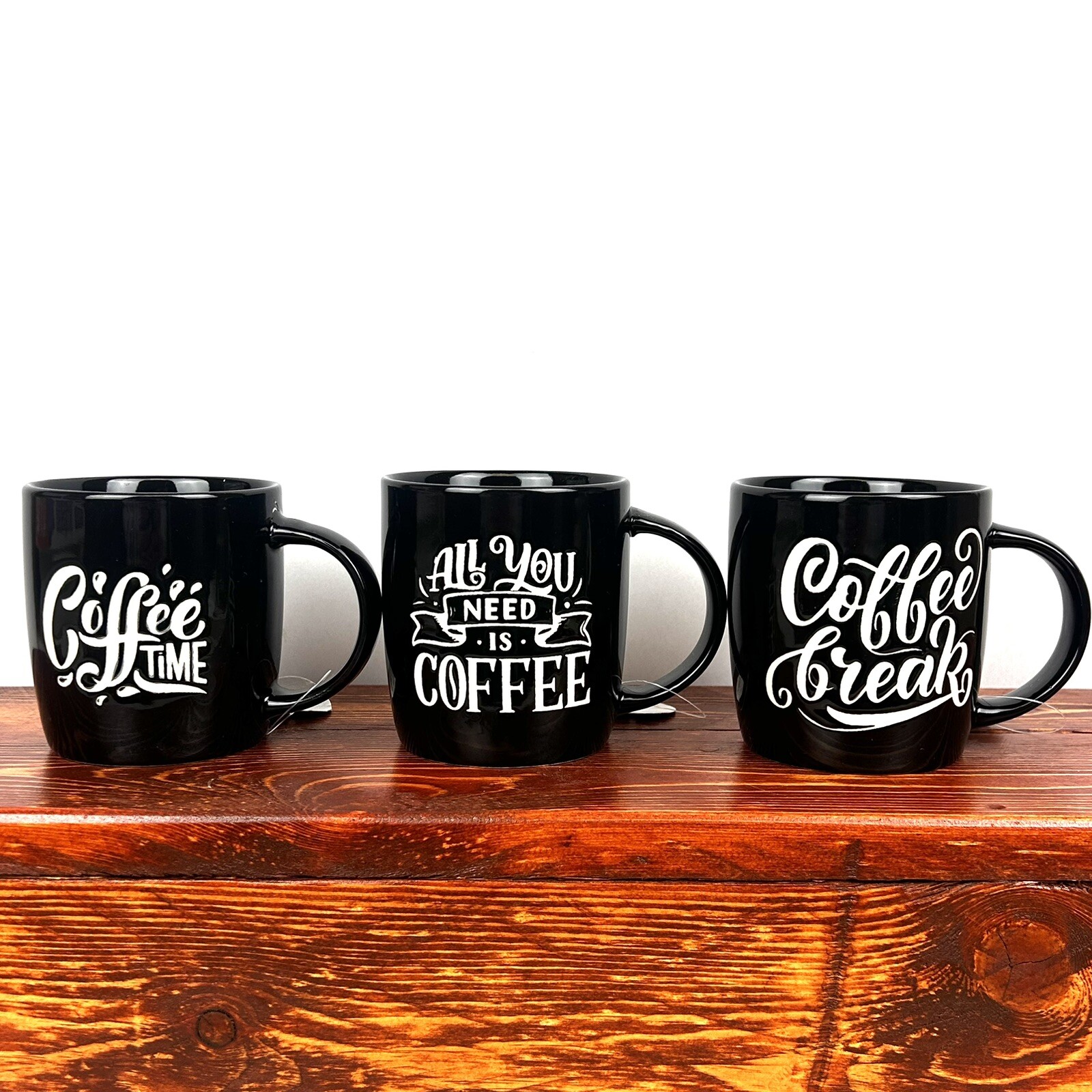 Black Coffee Cups Mugs White Letters Home Coffee Bar “Coffee Break” Set Of 3